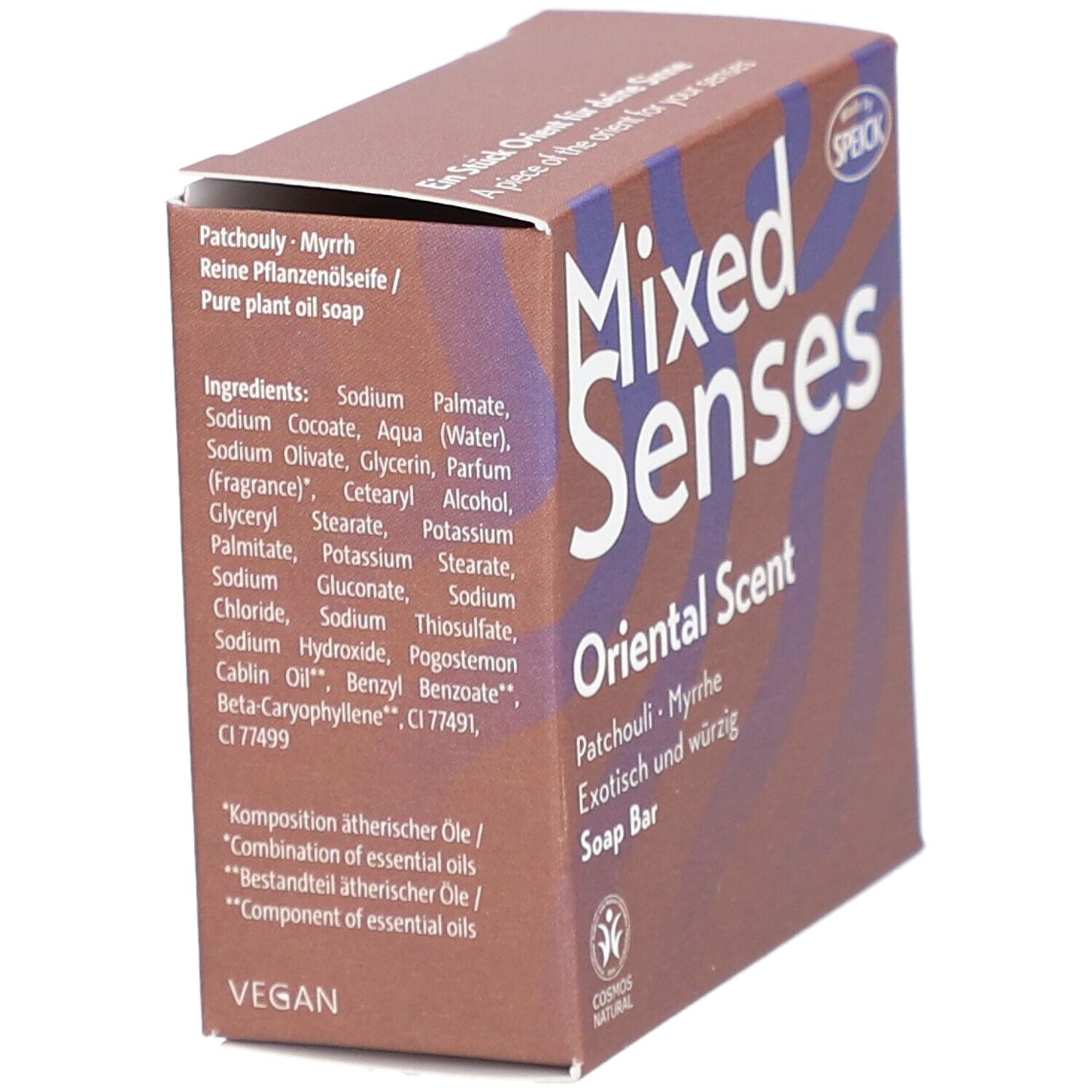 Karton mit "Mixed Senses", "Oriental Scent" und Inhaltsstoffen. Vegan-Logo.
