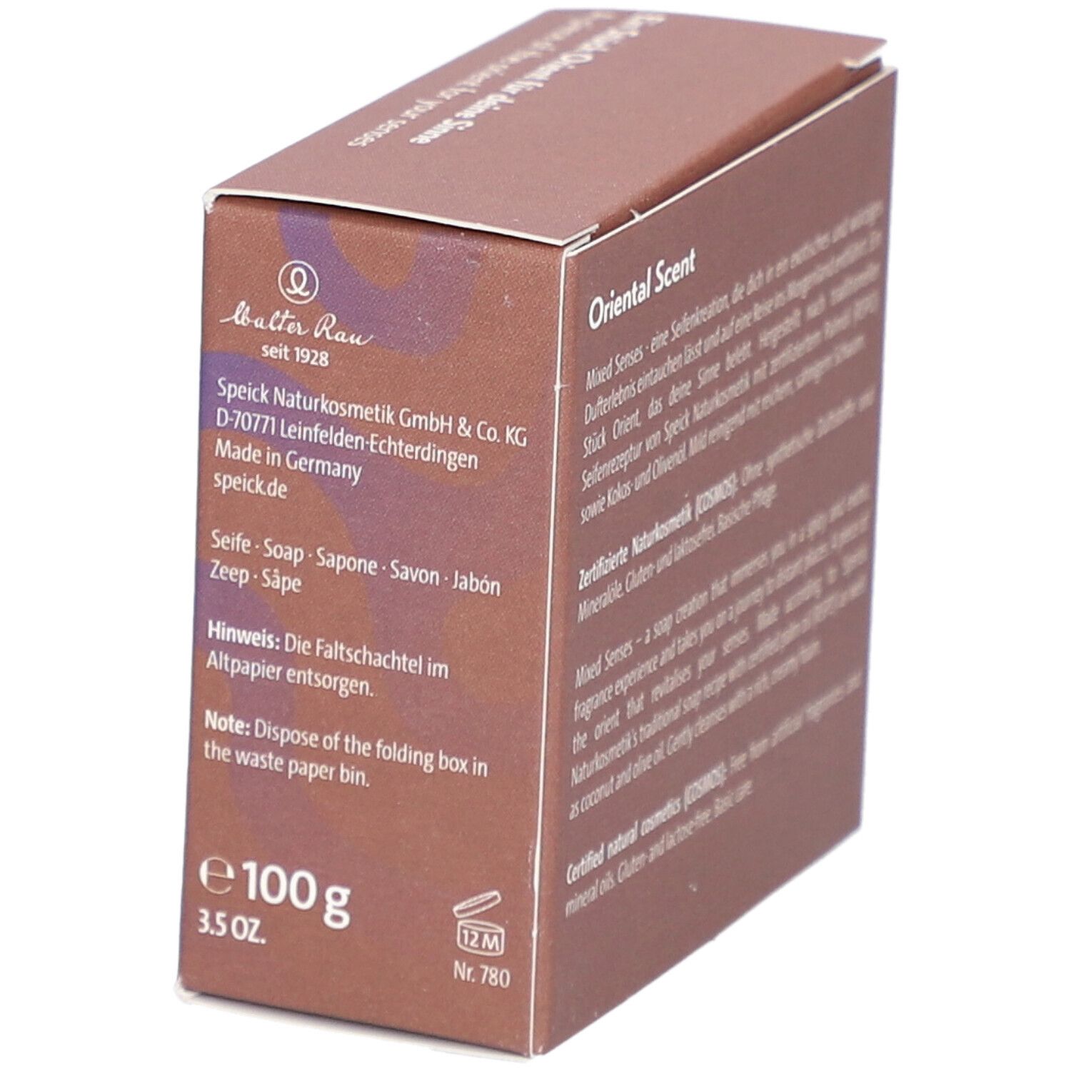 Karton mit Text, Logo von Speick Naturkosmetik. Gewicht 100g, 3.5 oz. Vegan-Logo.