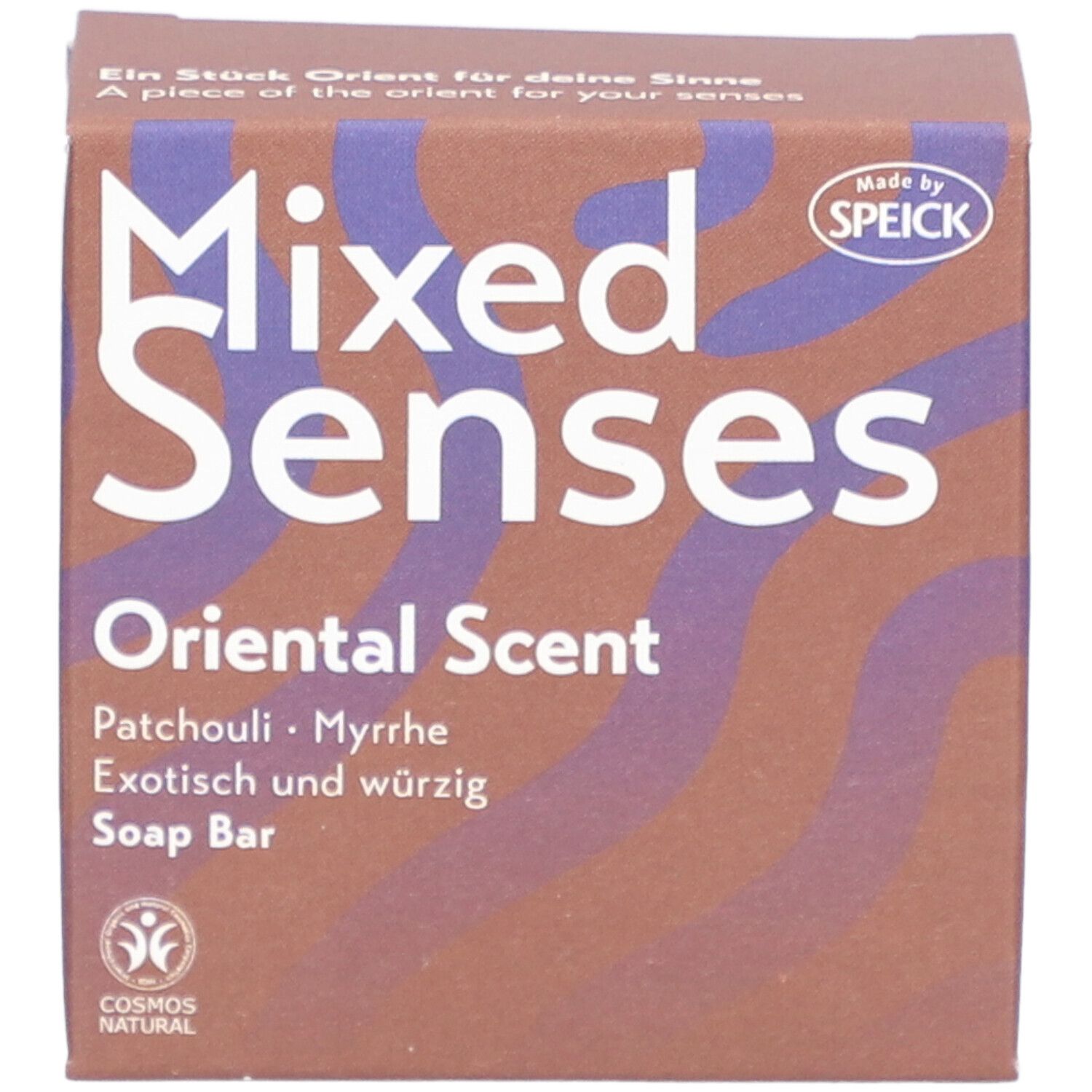 Karton mit "Mixed Senses"-Logo, "Oriental Scent" und "Patchouli & Myrrhe". Cosmos Natural-Zertifizierung.