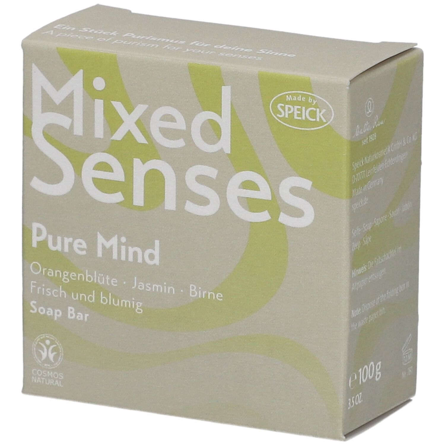 Karton mit Produktinformationen. Aufschrift: Mixed Senses Pure Mind, Orangenblüte, Jasmin, Birne. Vegan. Cosmos Natural.