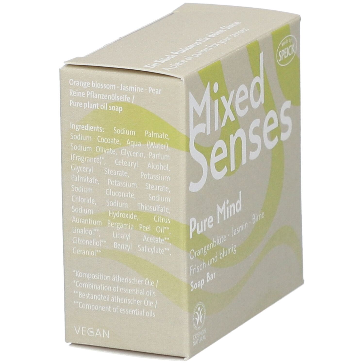 Karton mit Inhaltsstoffen und Produktinformationen. Aufschrift: Mixed Senses Pure Mind, Orangenblüte, Jasmin, Birne. Vegan.