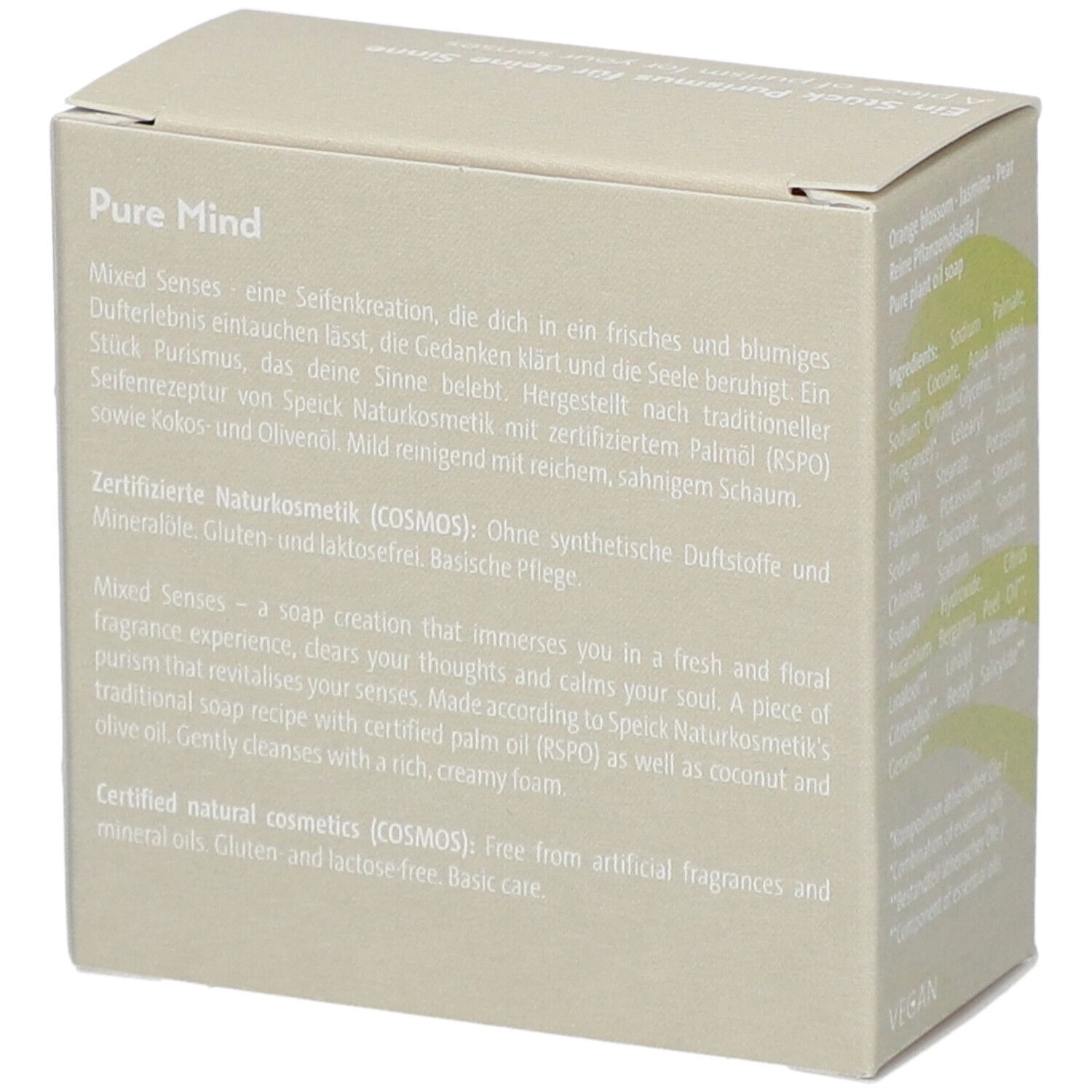 Karton mit Produktbeschreibung. Aufschrift: Mixed Senses Pure Mind, Orangenblüte, Jasmin, Birne. Vegan. Cosmos Natural.