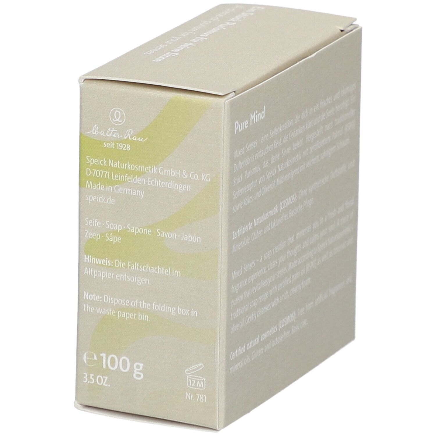 Karton mit Produktinformationen. Aufschrift: Mixed Senses Pure Mind, Orangenblüte, Jasmin, Birne. 100g. 3.5 OZ. Vegan.