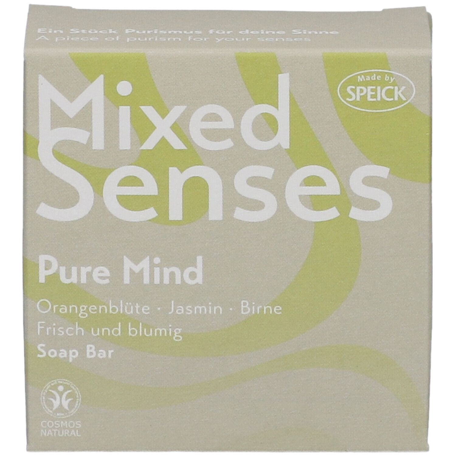 Karton mit Produktinformationen. Aufschrift: Mixed Senses Pure Mind, Orangenblüte, Jasmin, Birne. Vegan. Cosmos Natural.
