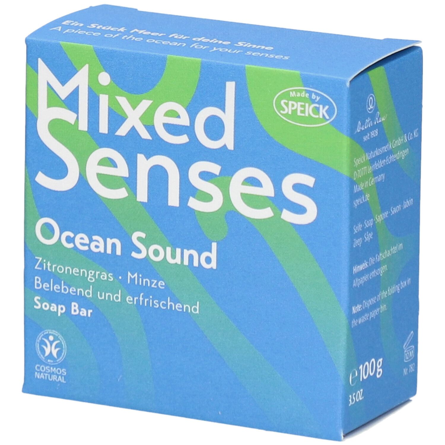 Blauer Karton mit "Mixed Senses Ocean Sound" und Logos. Zitronengras & Minze. Vegan. Cosmos Natural-Zertifizierung.