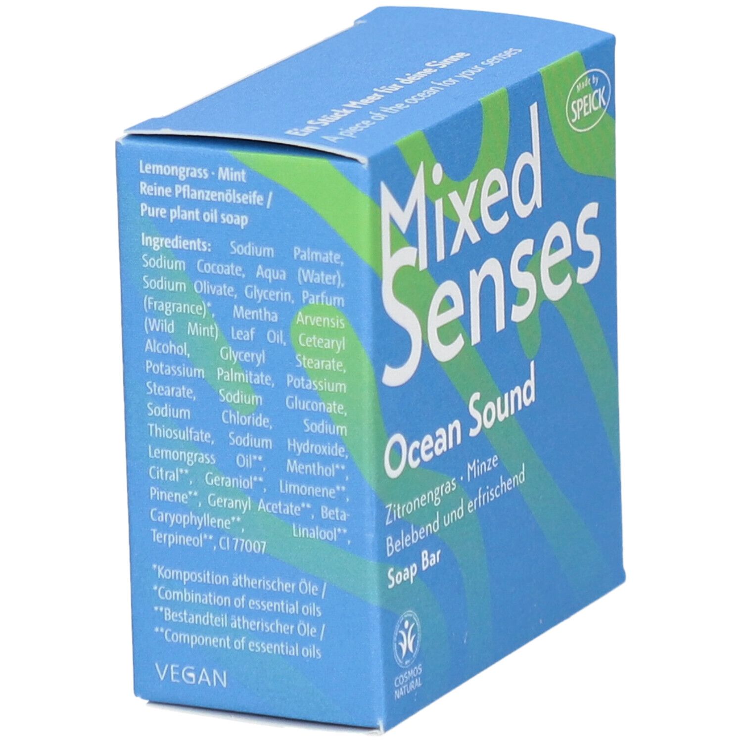 Karton mit Inhaltsstoffen und "Mixed Senses Ocean Sound". Zitronengras & Minze. Vegan. Cosmos Natural-Logo.