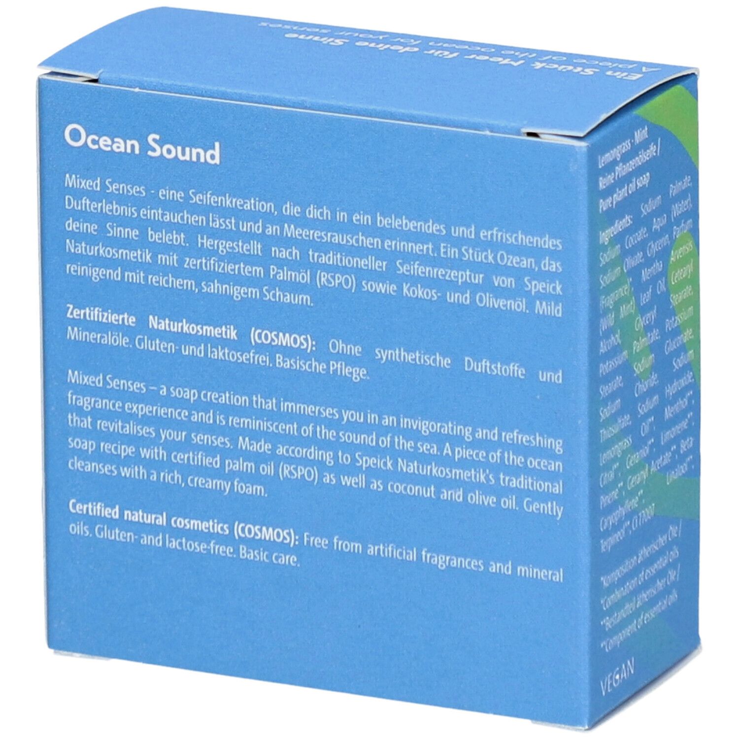 Rückseite der Box mit Text über "Ocean Sound". Zertifizierte Naturkosmetik (COSMOS). Gluten- und laktosefrei. Vegan.