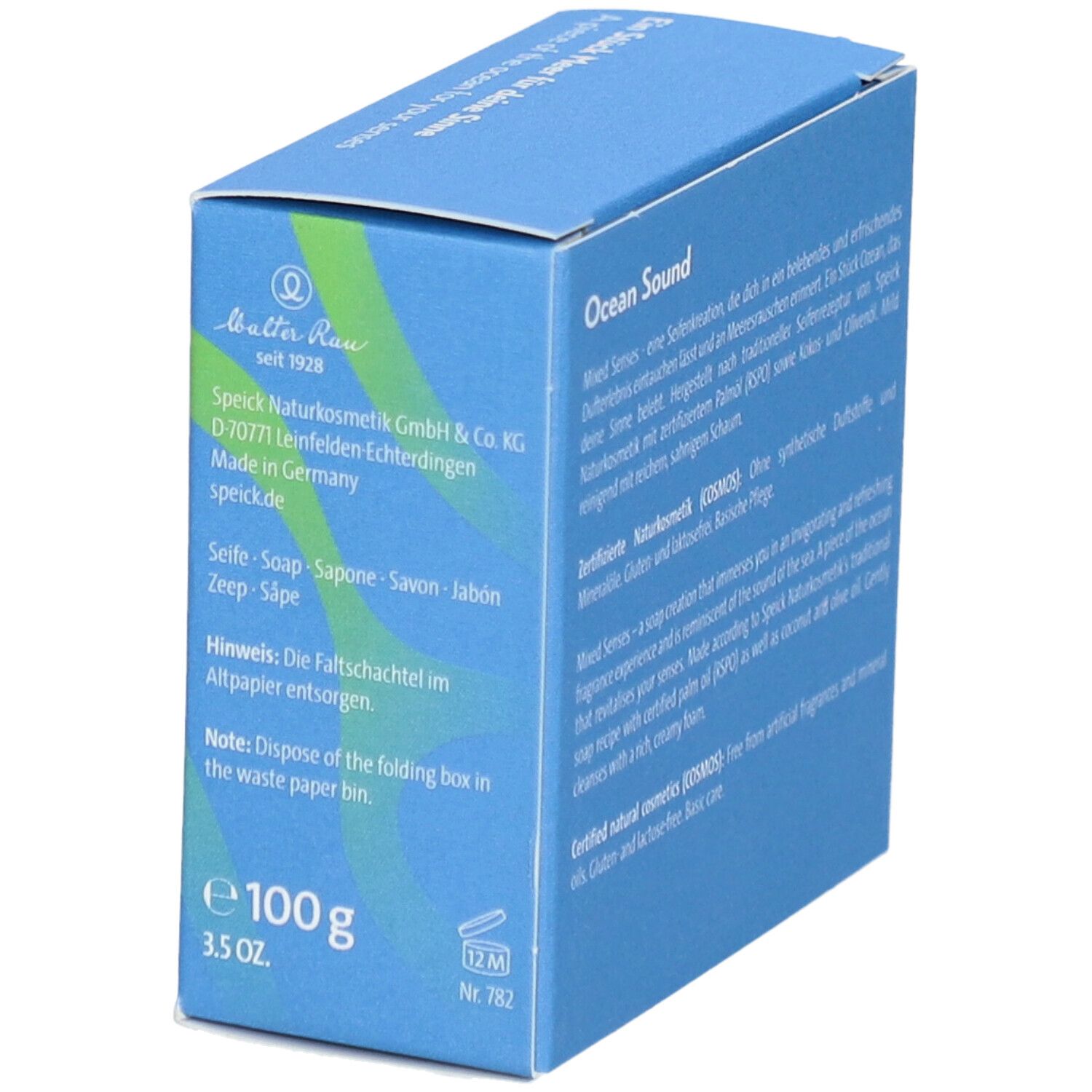 Box mit Text, Herstellerinformationen und "Ocean Sound". 100g. 3.5 oz. Entsorgungshinweis. Vegan.
