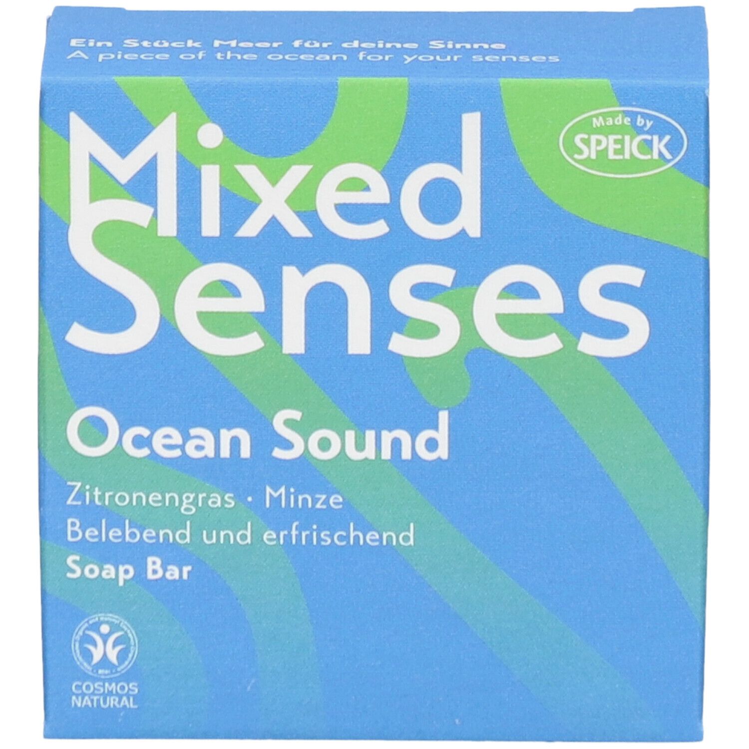 Blaue Box mit "Mixed Senses Ocean Sound". Zitronengras & Minze. Belebend und erfrischend. Soap Bar. Cosmos Natural.