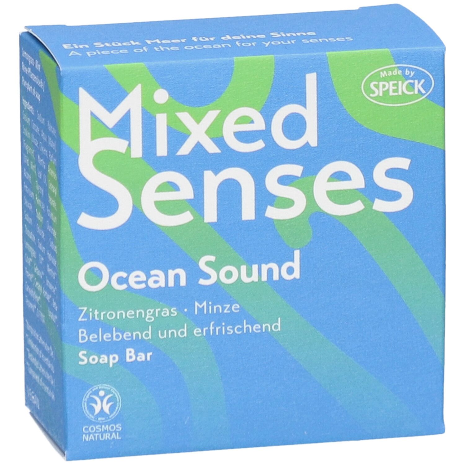 Blaue Box mit "Mixed Senses Ocean Sound". Zitronengras & Minze. Belebend und erfrischend. Soap Bar. Vegan.