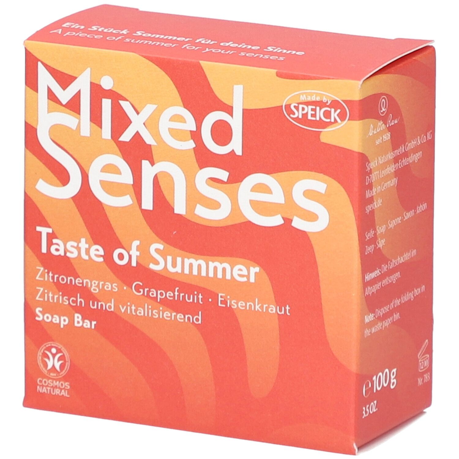 Rote Schachtel mit "Mixed Senses Taste of Summer" und "Soap Bar". Enthält Zitronengras, Grapefruit, Eisenkraut. COSMOS NATURAL Siegel.