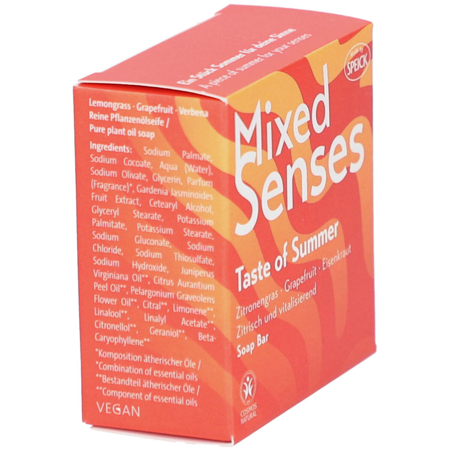 Rote Schachtel mit Inhaltsstoffen und "Mixed Senses Taste of Summer". Vegan-Siegel. COSMOS NATURAL Siegel. Speick-Logo.