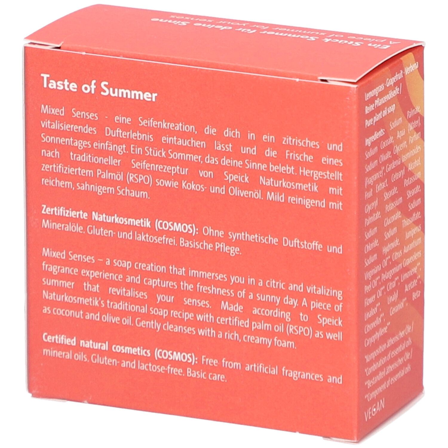 Rote Schachtel mit Text über "Mixed Senses Taste of Summer". COSMOS NATURAL Siegel. Text auf Deutsch und Englisch.