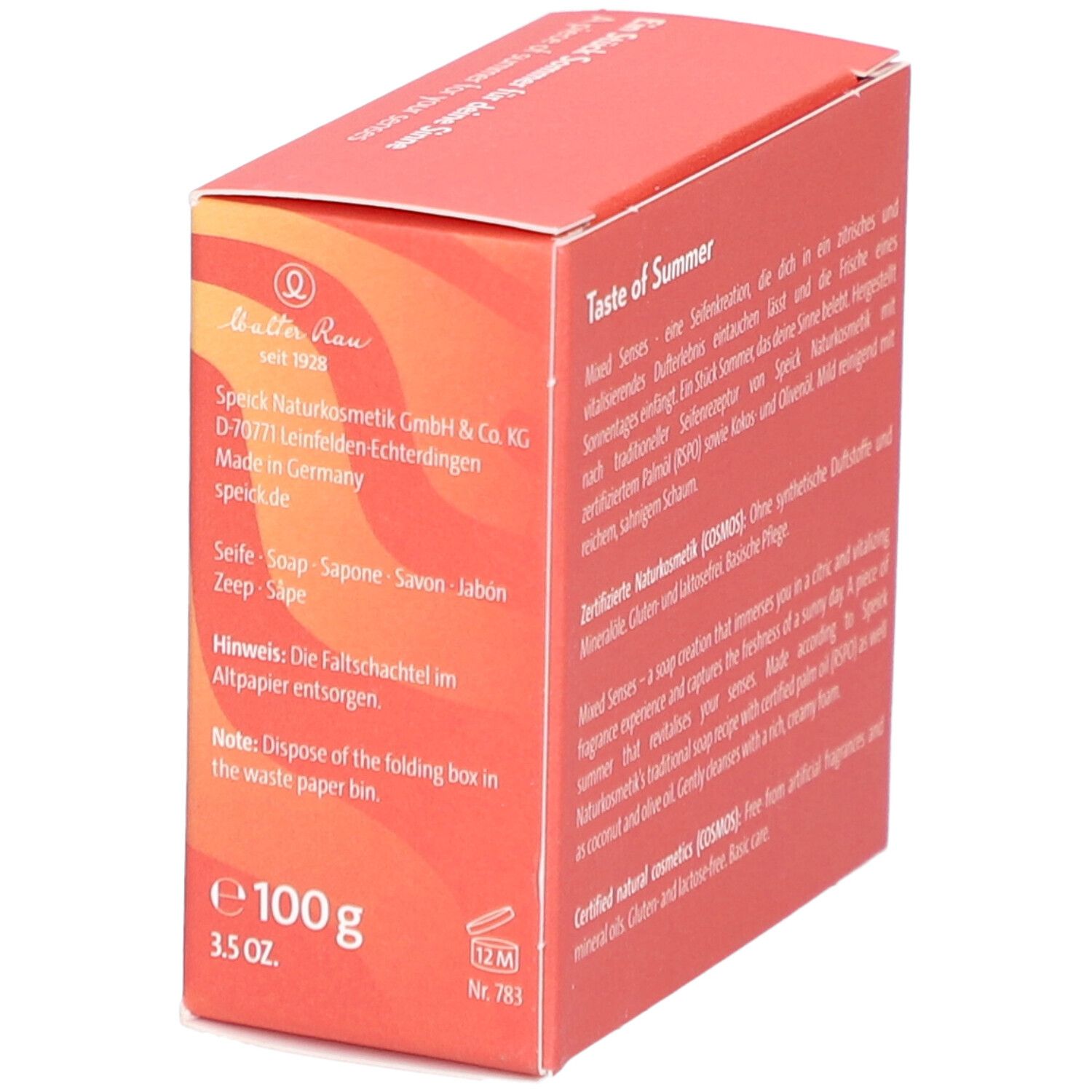 Rote Schachtel mit Text, "Mixed Senses Taste of Summer". Speick-Logo. 100g, 3.5 oz. 12M-Symbol. Text in Deutsch, Englisch, Französisch, Italienisch.