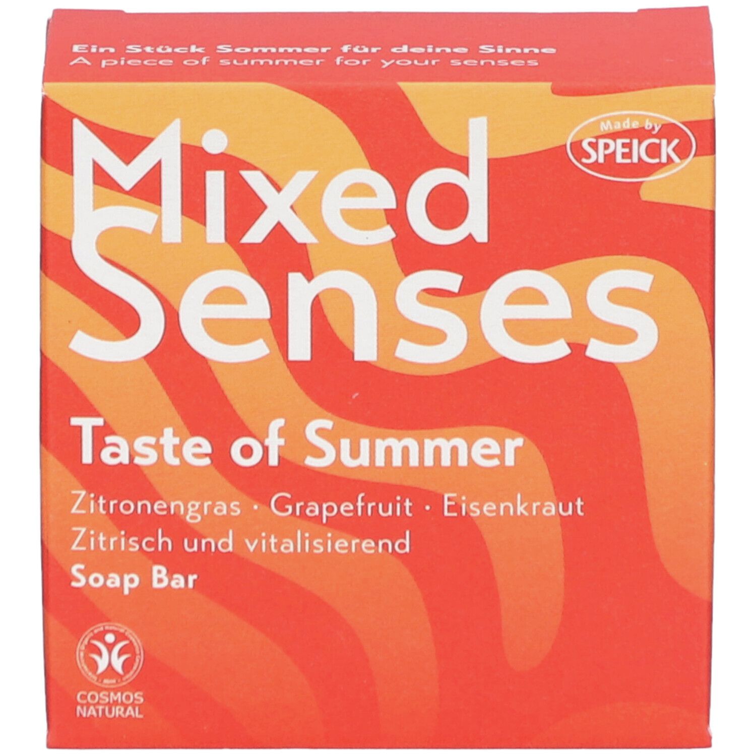 Rote Schachtel mit "Mixed Senses Taste of Summer" und "Soap Bar". Enthält Zitronengras, Grapefruit, Eisenkraut. COSMOS NATURAL Siegel. Speick-Logo.