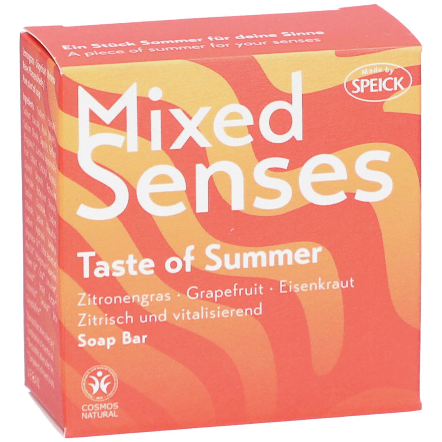 Rote Schachtel mit "Mixed Senses Taste of Summer" und "Soap Bar". Enthält Zitronengras, Grapefruit, Eisenkraut. COSMOS NATURAL Siegel. Speick-Logo.