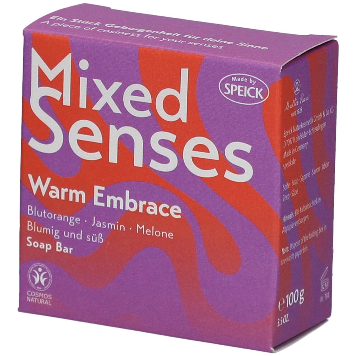 Lila Karton mit Produktnamen Mixed Senses, Warm Embrace, Blutorange, Jasmin, Melone. Cosmos Natural Siegel.
