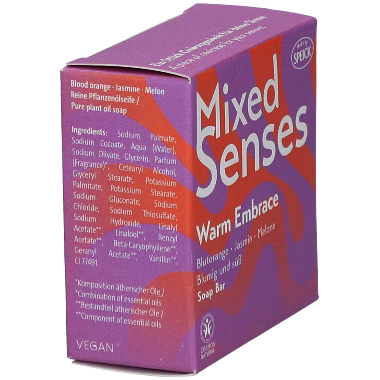 Lila Karton mit Produktnamen Mixed Senses, Warm Embrace. Inhaltsstoffe und Vegan-Logo.