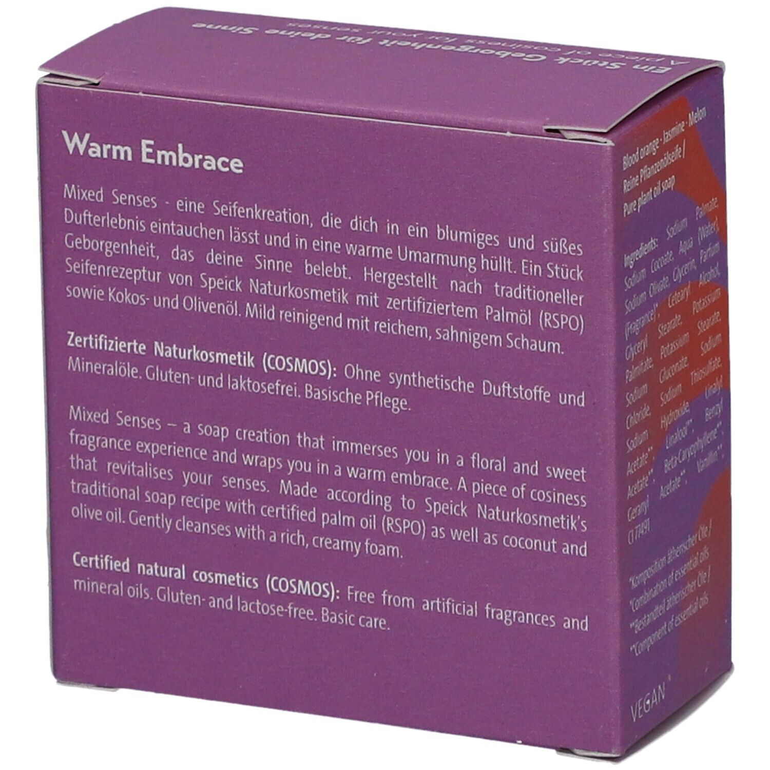 Lila Karton mit Text über Mixed Senses, Warm Embrace. Zertifizierte Naturkosmetik (COSMOS).