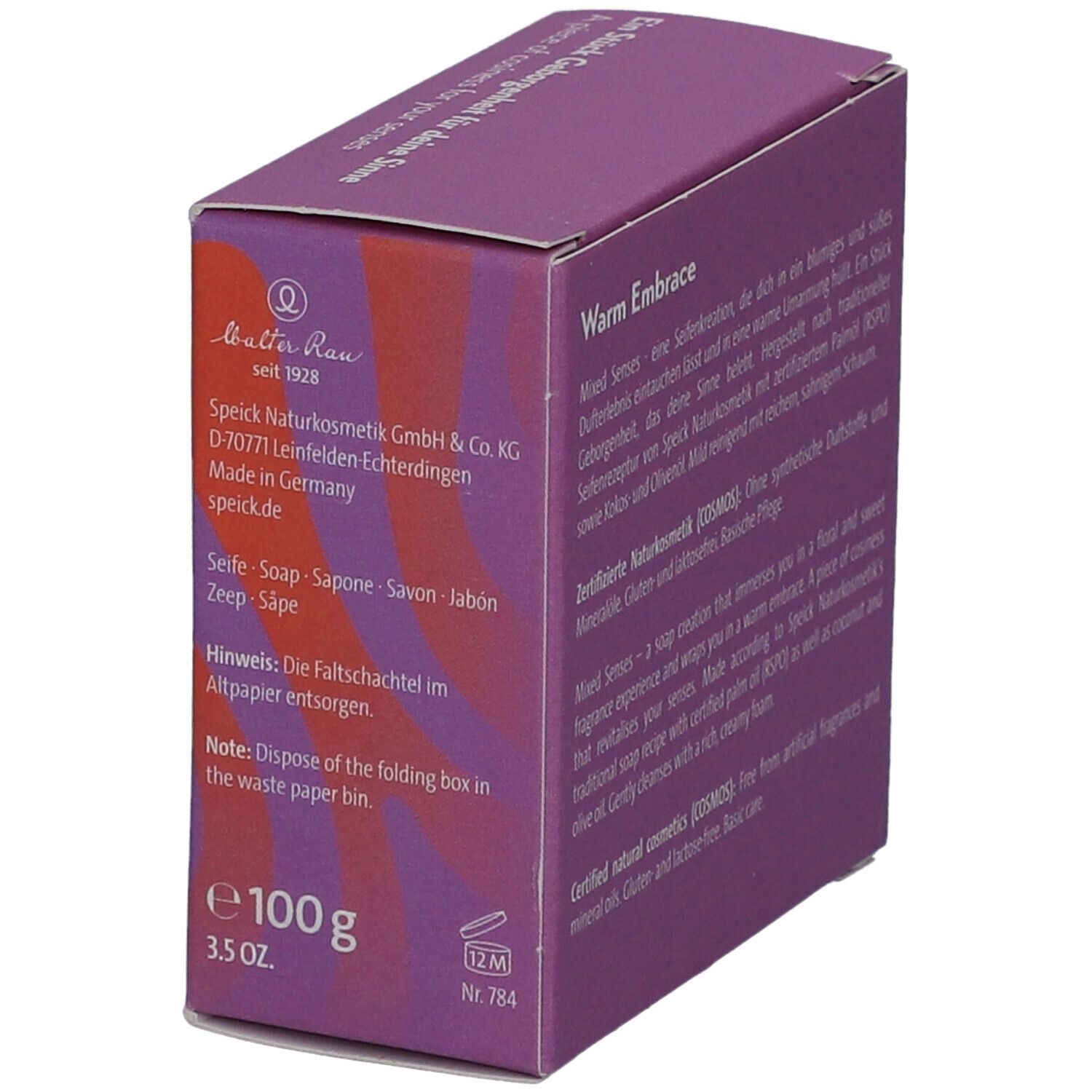 Lila Karton mit Text über Mixed Senses, Warm Embrace. Herstellerinformationen, 100g, 3.5 oz.