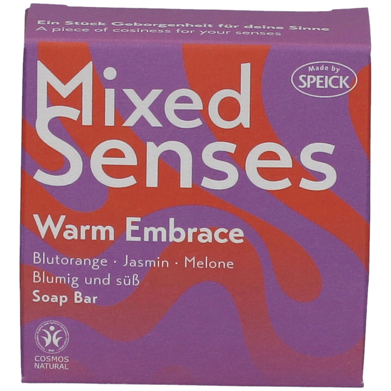 Lila Karton mit Produktnamen Mixed Senses, Warm Embrace, Blutorange, Jasmin, Melone. Cosmos Natural Siegel.