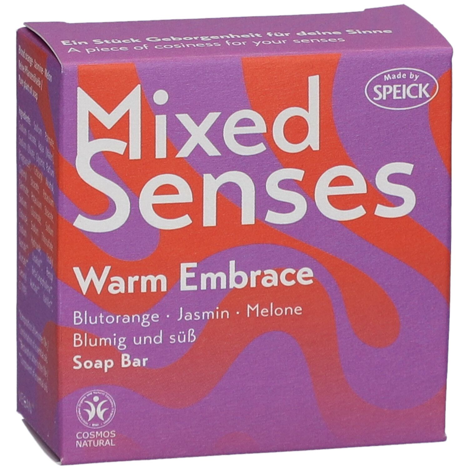 Lila Karton mit Produktnamen Mixed Senses, Warm Embrace, Blutorange, Jasmin, Melone. Cosmos Natural Siegel.