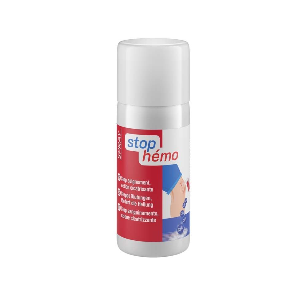 Weißer Spraybehälter mit rotem Etikett. Aufschrift: stop hémo. Text in Deutsch, Französisch, Italienisch.