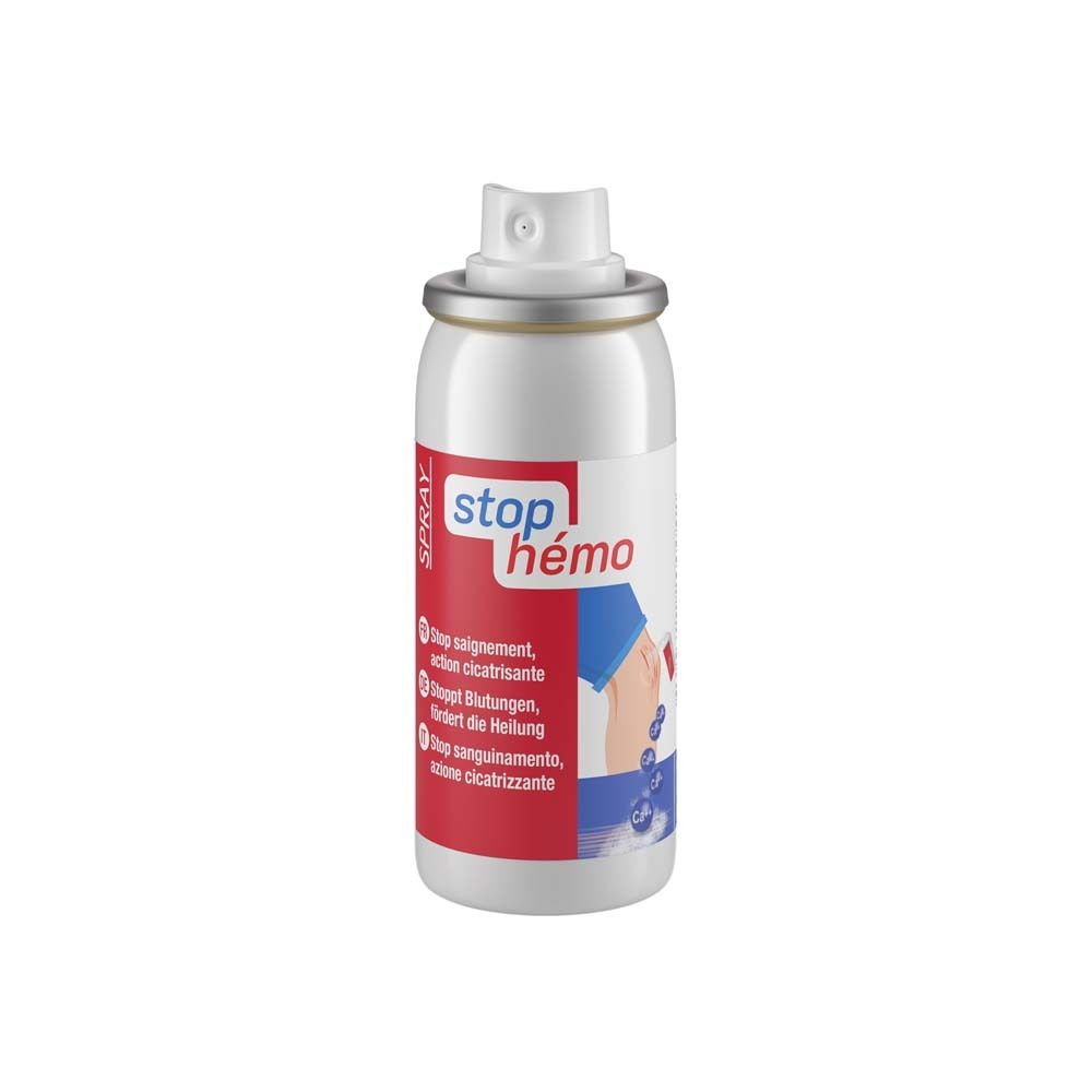 Weißer Spraybehälter mit rotem Etikett. Aufschrift: stop hémo. Sprühkopf sichtbar. Text in Deutsch, Französisch, Italienisch.