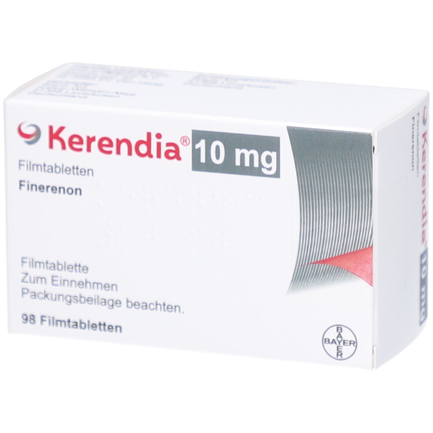 Schachtel KERENDIA 10 mg Filmtabletten. Aufschrift: Kerendia, 10 mg, Filmtabletten, 98 Filmtabletten. Bayer-Logo.