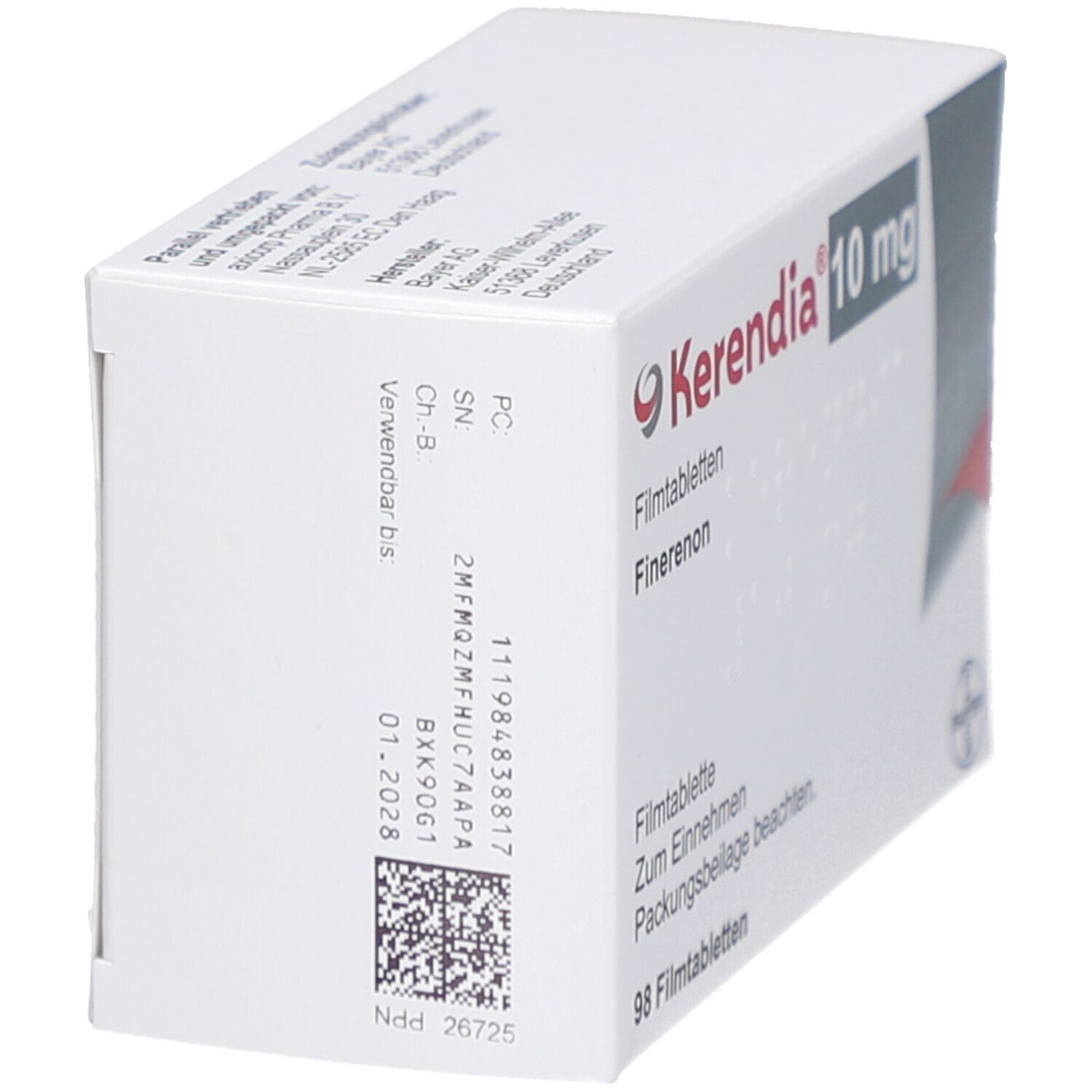 Schachtel KERENDIA 10 mg. Seitenansicht mit Text und Barcode. Aufschrift: Kerendia 10 mg, Filmtabletten, 98 Filmtabletten. Bayer-Logo.