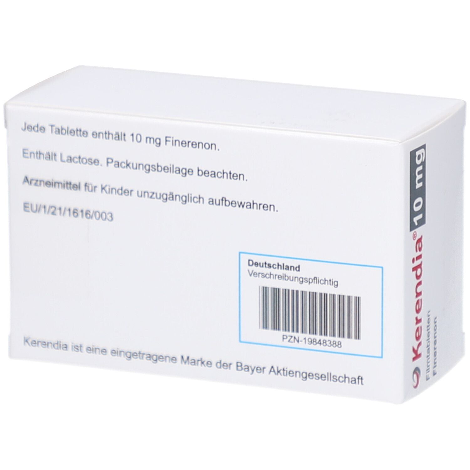 Rückseite der Schachtel KERENDIA 10 mg. Text: Enthält Lactose. Verschreibungspflichtig. Barcode. Bayer-Logo.