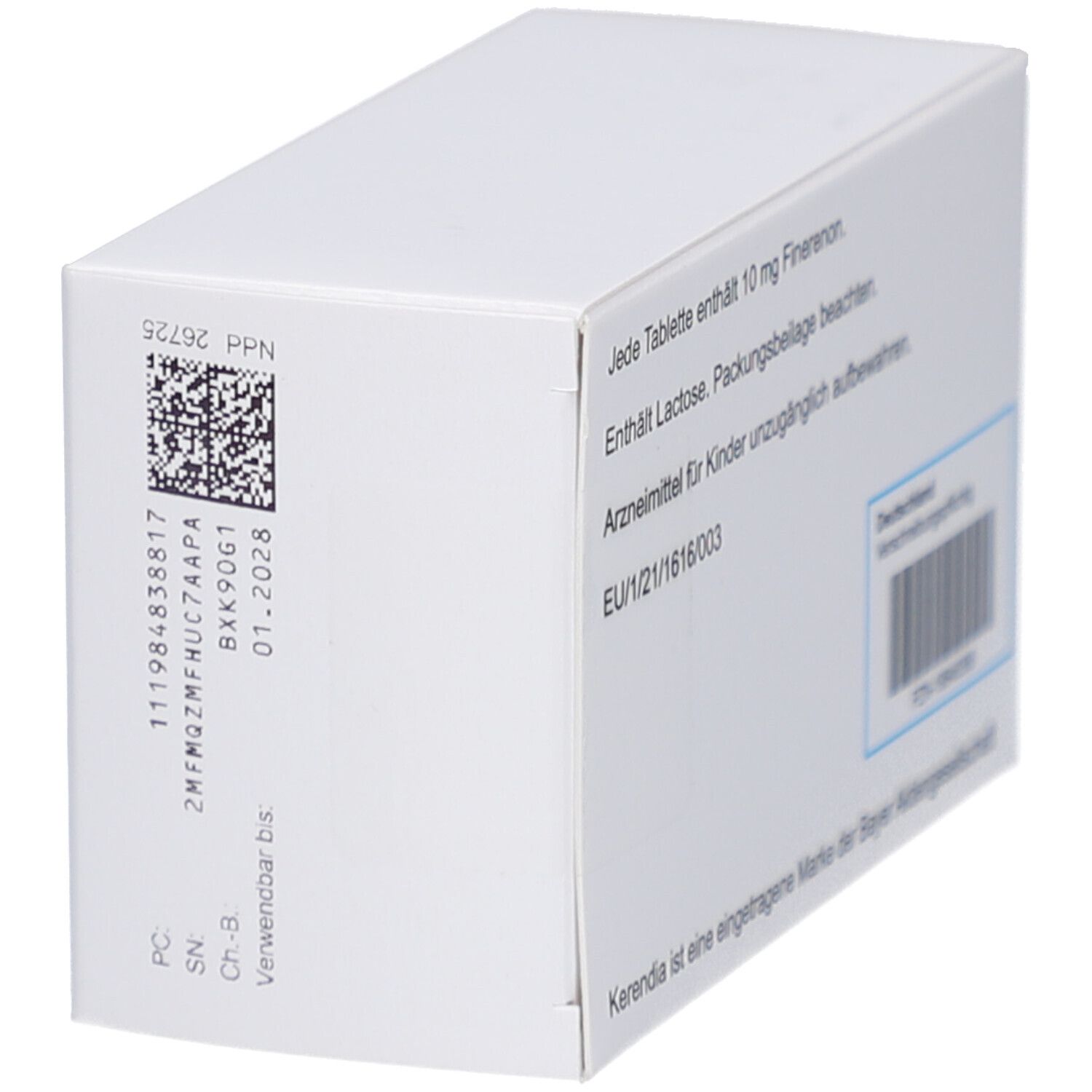 Seitenansicht der Schachtel KERENDIA 10 mg. Text und Barcode. Aufschrift: Kerendia 10 mg, Filmtabletten, 98 Filmtabletten. Bayer-Logo.
