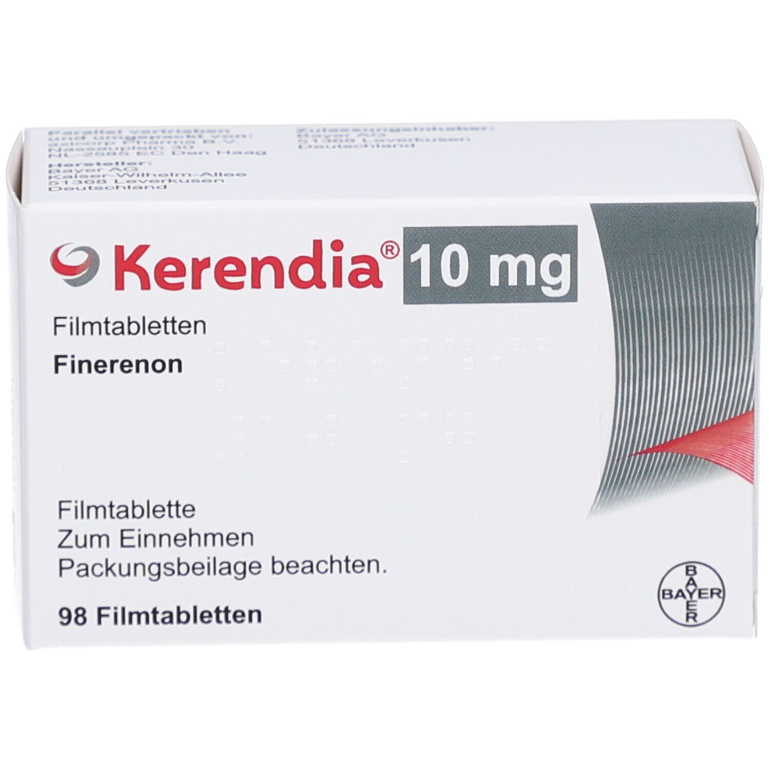 Schachtel KERENDIA 10 mg Filmtabletten. Aufschrift: Kerendia, 10 mg, Filmtabletten, 98 Filmtabletten. Bayer-Logo.