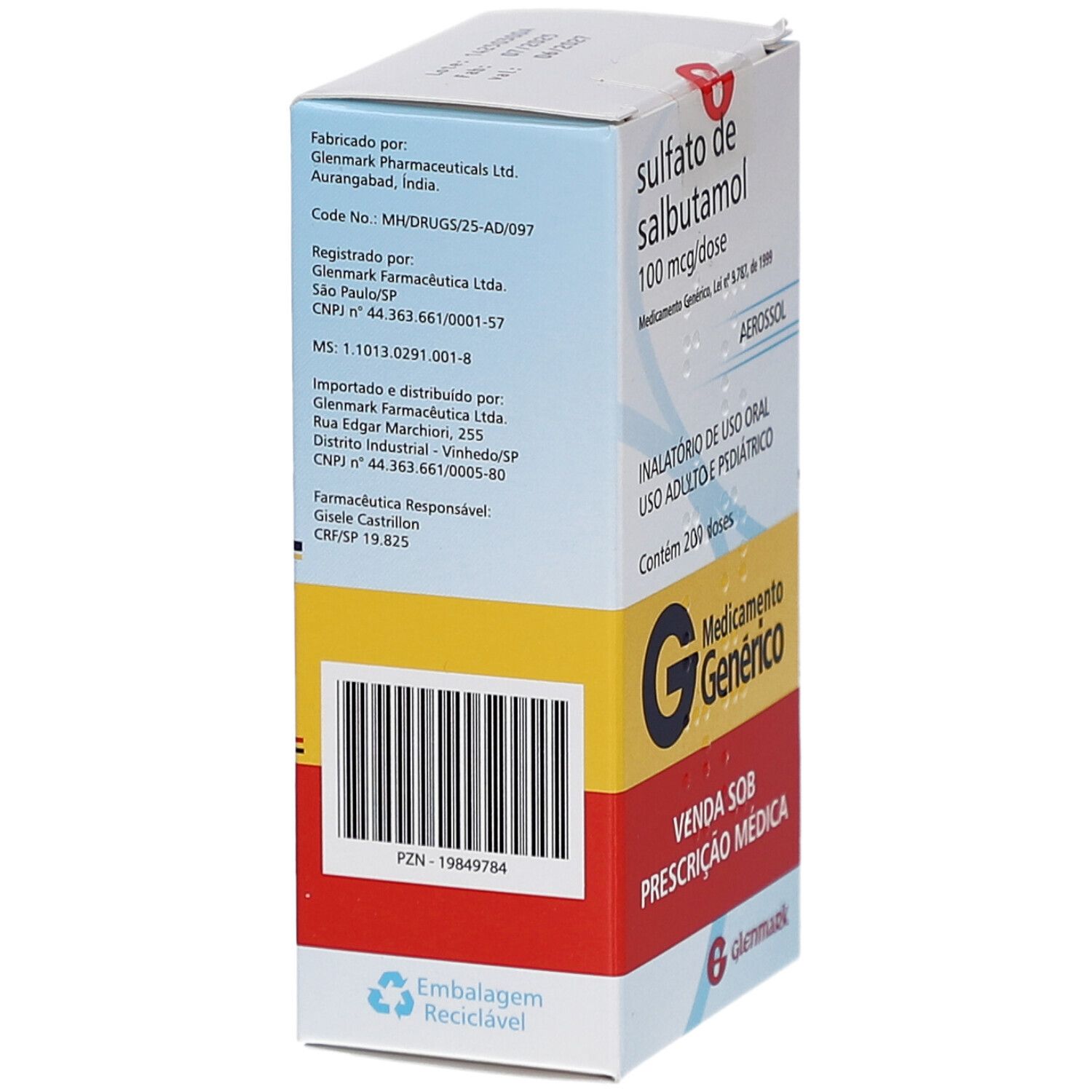 Schrägansicht einer Medikamentenbox. Aufschrift: Sulfato de salbutamol, 100 mcg/Dosis, Aerosol. Logo: Medicamento Generico. Barcode und Herstellerinformationen.