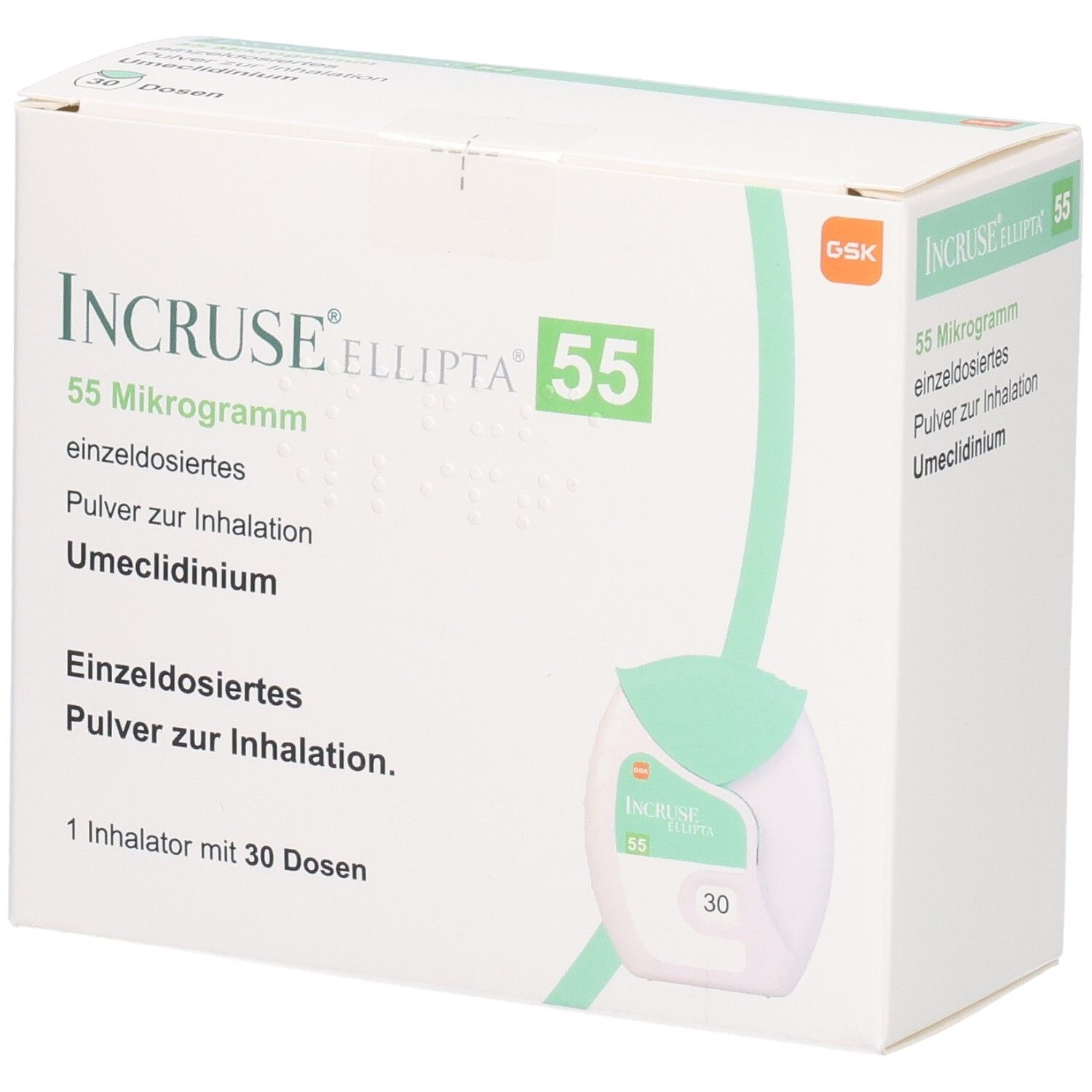 Verpackung von Incruse Ellipta 55 Mikrogramm, Pulver zur Inhalation, 1 Inhalator mit 30 Dosen.