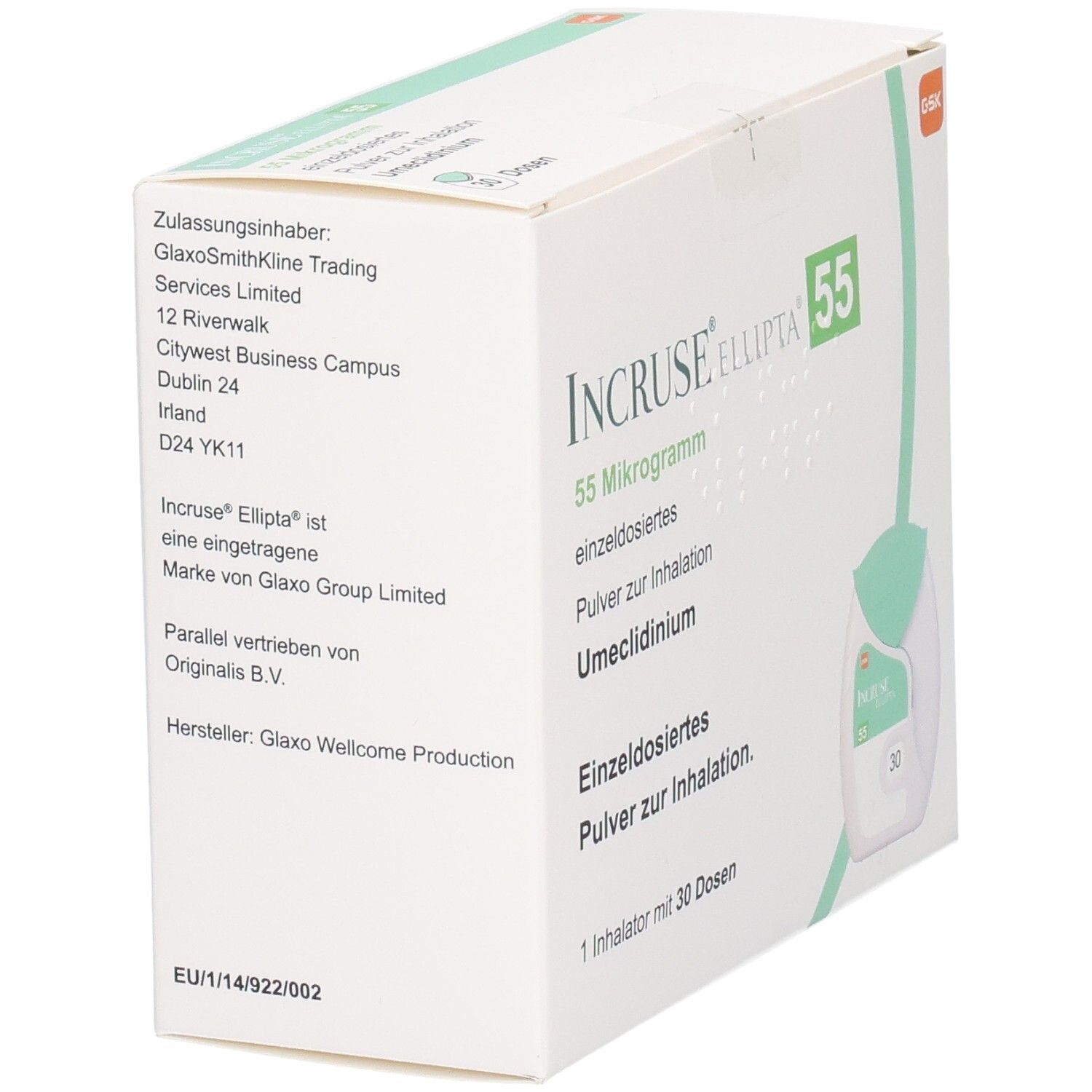 Rückseite der Incruse Ellipta 55 Mikrogramm Verpackung mit Zulassungsinformationen und Herstellerdetails.