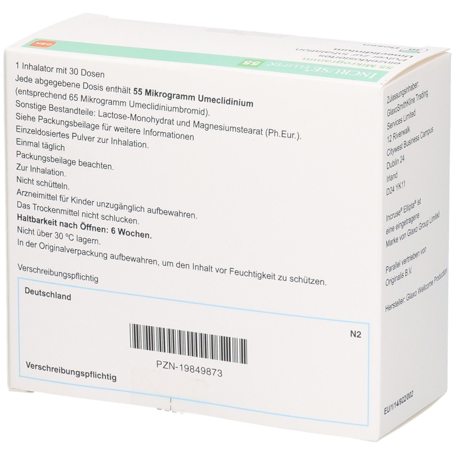 Seite der Incruse Ellipta 55 Mikrogramm Verpackung mit Anwendungshinweisen und Haltbarkeitsdatum.