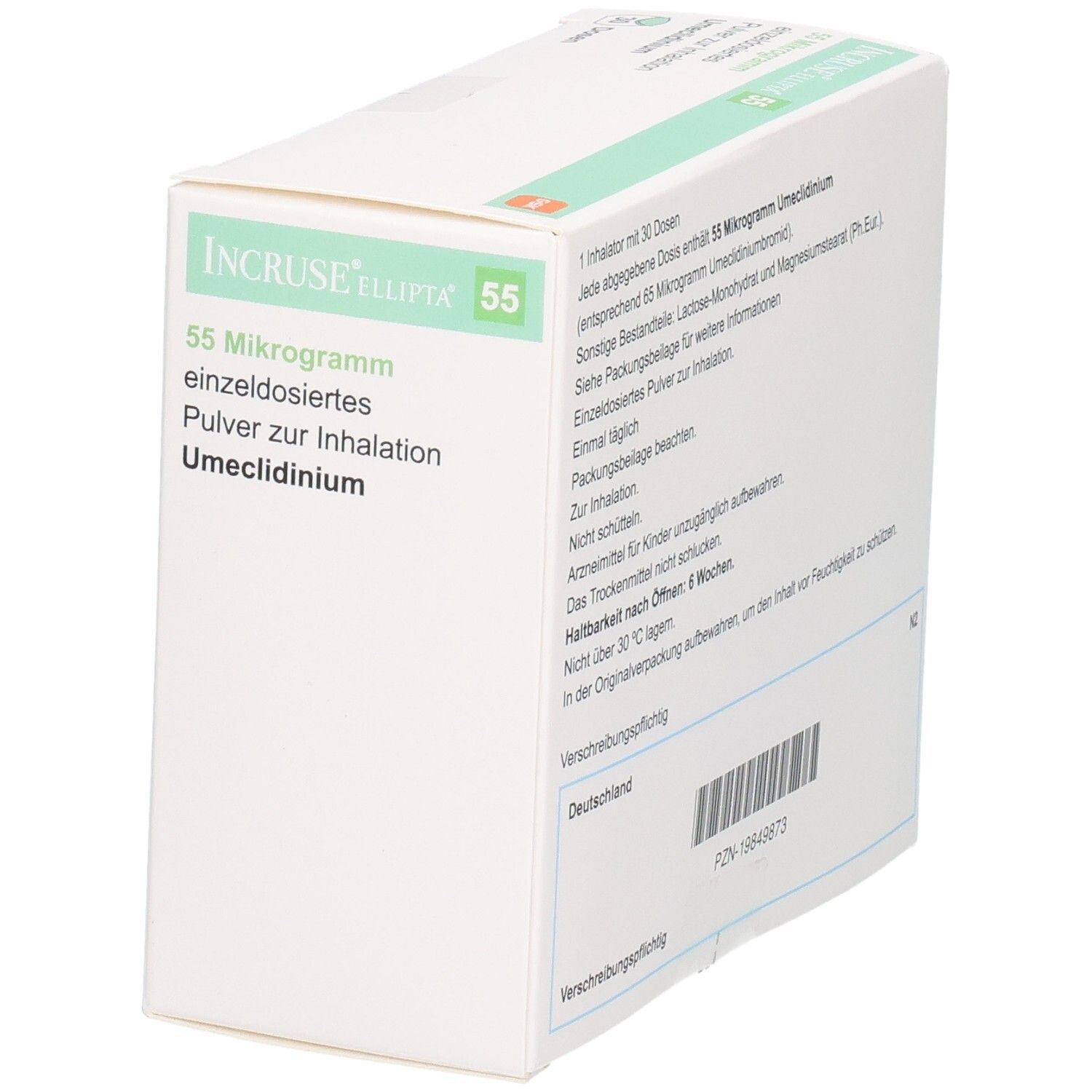 Seitenansicht der Incruse Ellipta 55 Mikrogramm Verpackung mit Produktinformationen und Barcode.