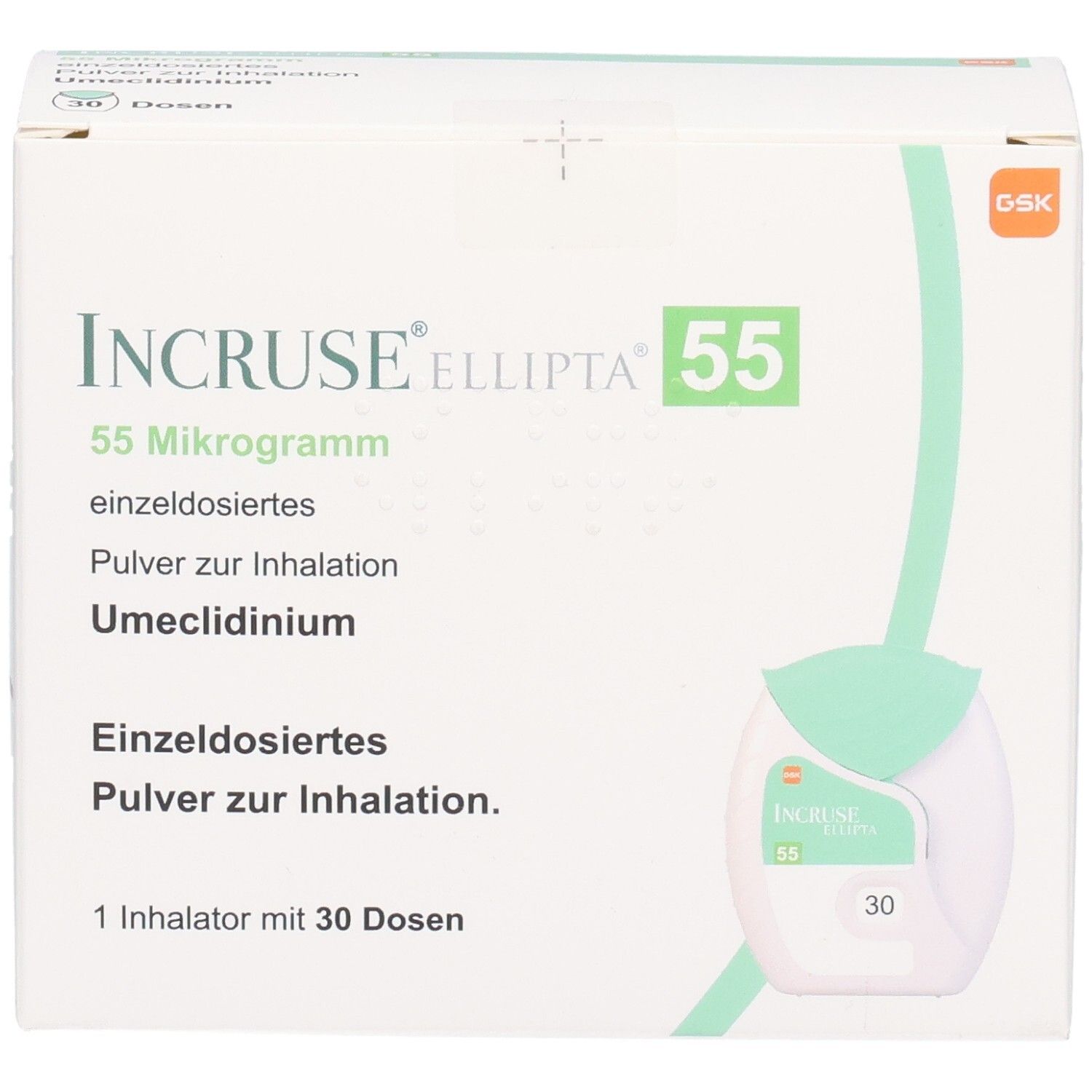 Vorderseite der Incruse Ellipta 55 Mikrogramm Verpackung mit Detailansicht des Inhalators.