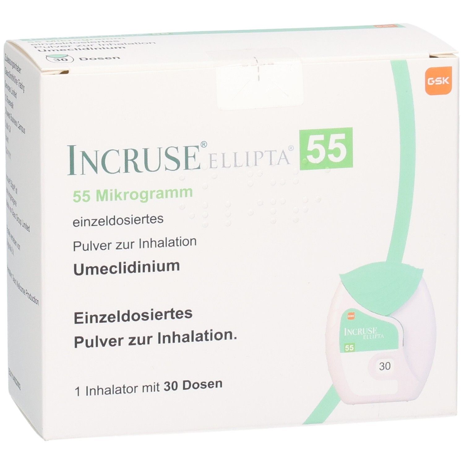 Detailansicht des Incruse Ellipta Inhalators auf der Verpackung, 30 Dosen.