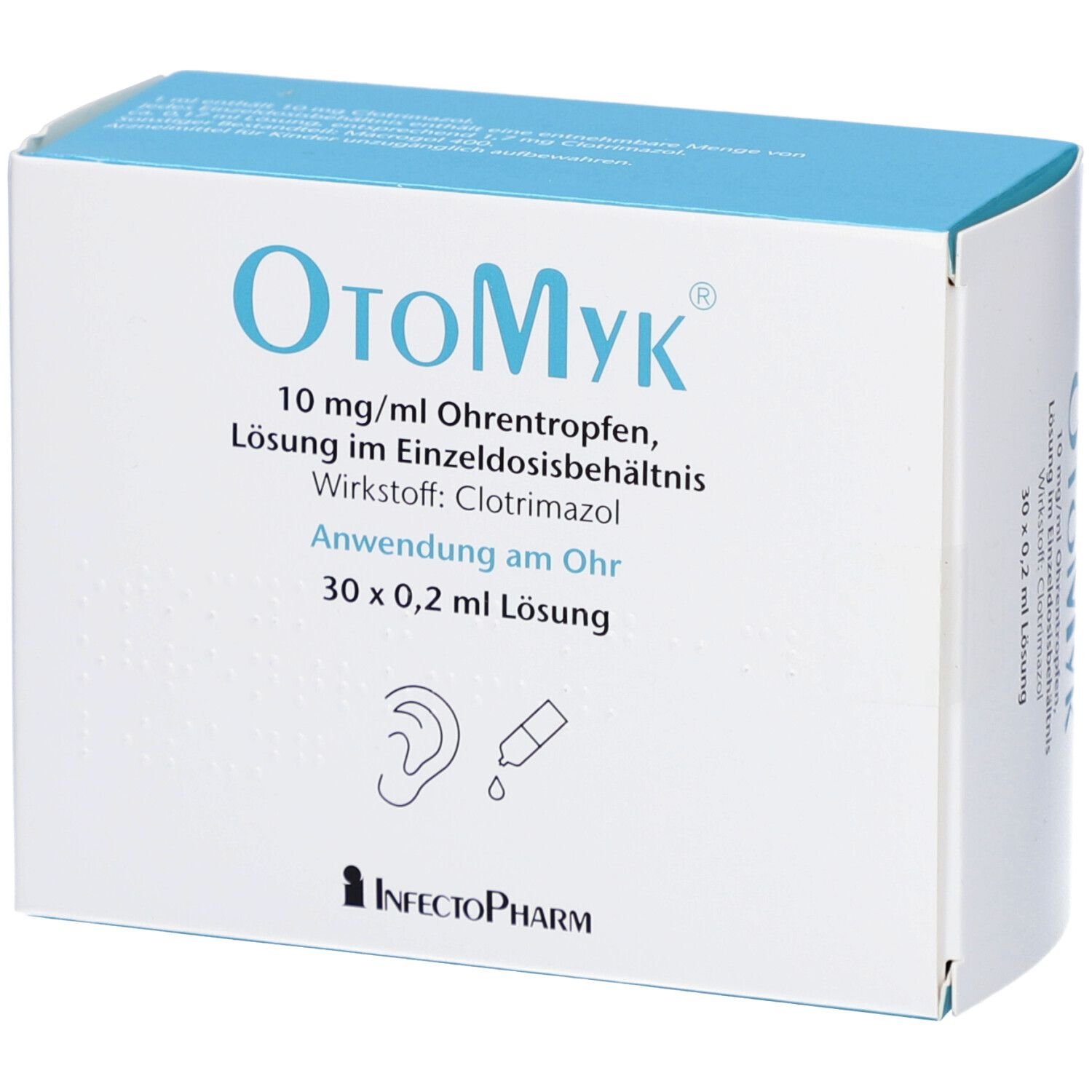 OtoMyk-Verpackung. Blaue und weiße Schachtel mit Produktnamen, Inhaltsstoffen und Anwendungsdetails. Logo von InfectoPharm.