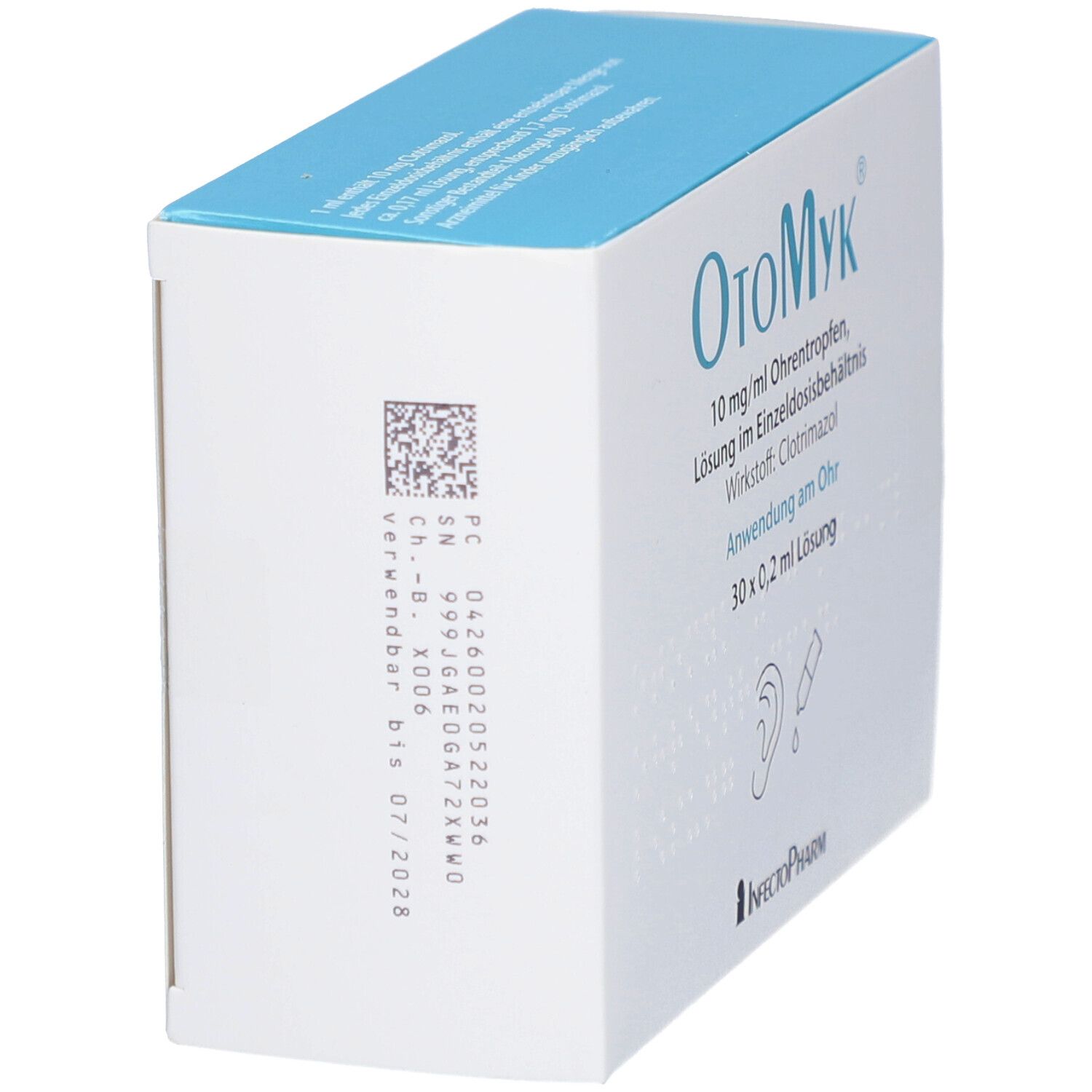 OtoMyk-Verpackung, Seitenansicht. Weiße Schachtel mit Produktinformationen und einem Barcode. Blaue Oberseite.