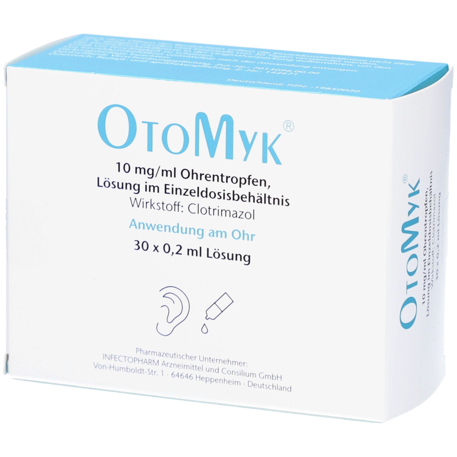 Karton mit Produktaufdruck: OtoMyk 10 mg/ml Ohrentropfen. Wirkstoff Clotrimazol. 30 x 0,2 ml Lösung. Logo InfectoPharm.