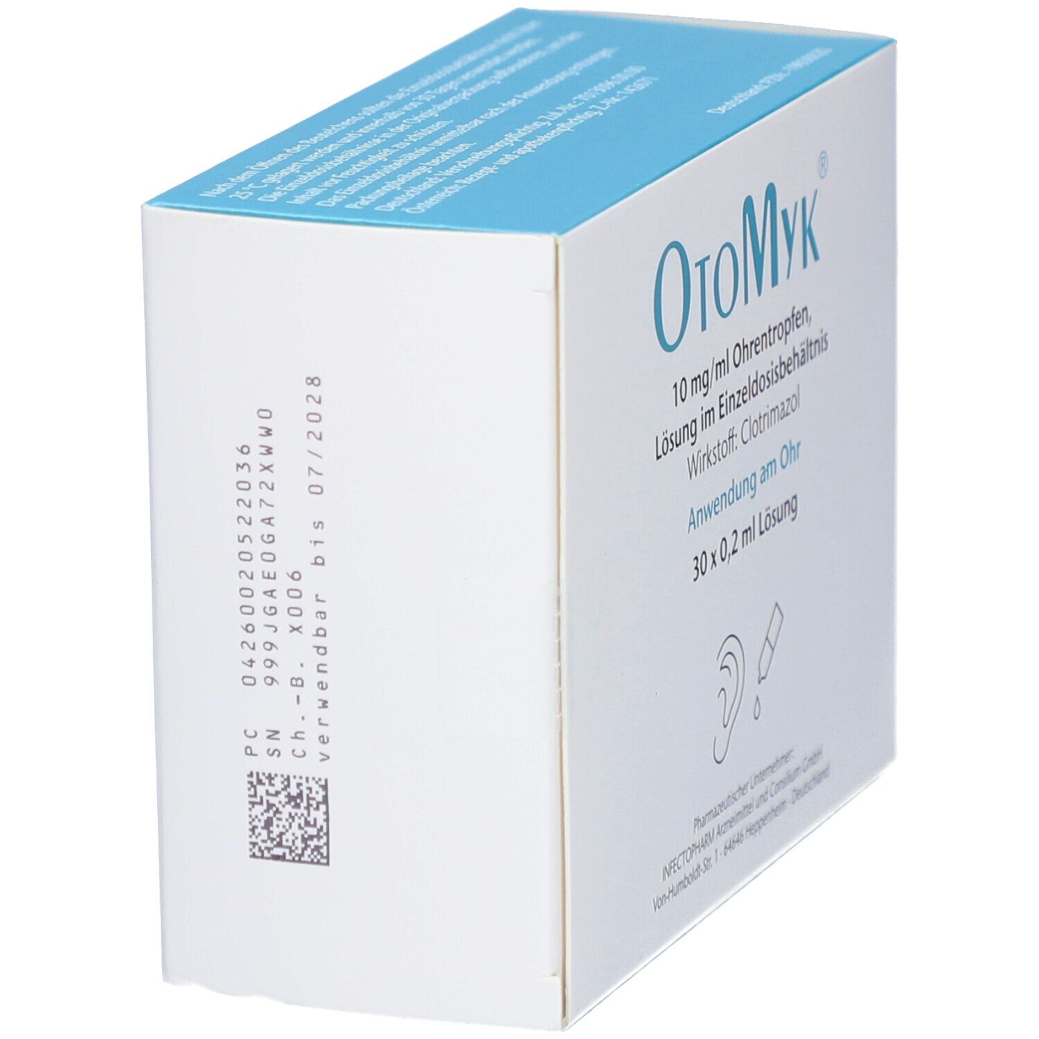 OtoMyk-Verpackung, Seitenansicht. Weiße Schachtel mit Produktinformationen und einem Barcode. Blaue Oberseite.