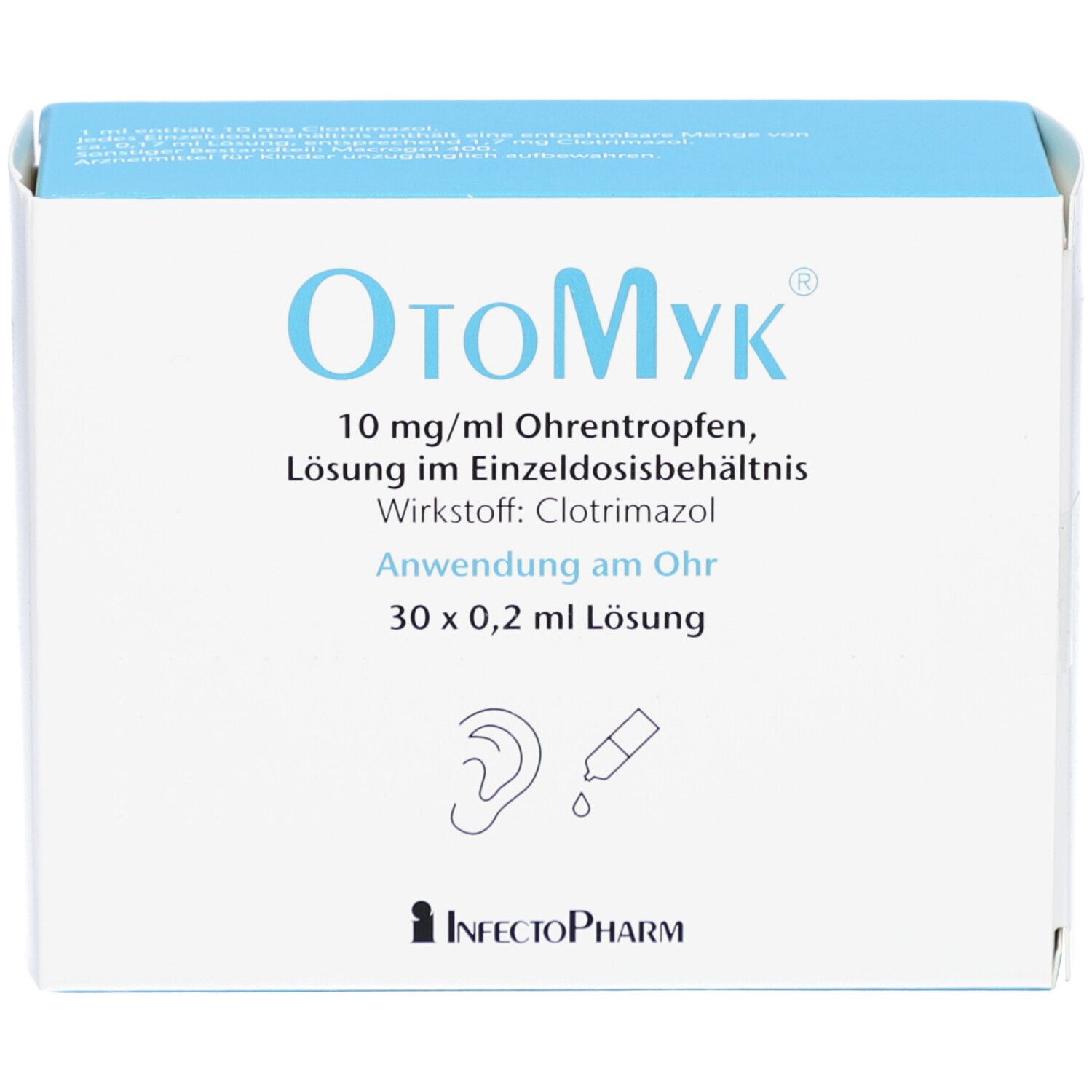 OtoMyk-Verpackung. Blaue und weiße Schachtel mit Produktnamen, Inhaltsstoffen und Anwendungsdetails. Logo von InfectoPharm.