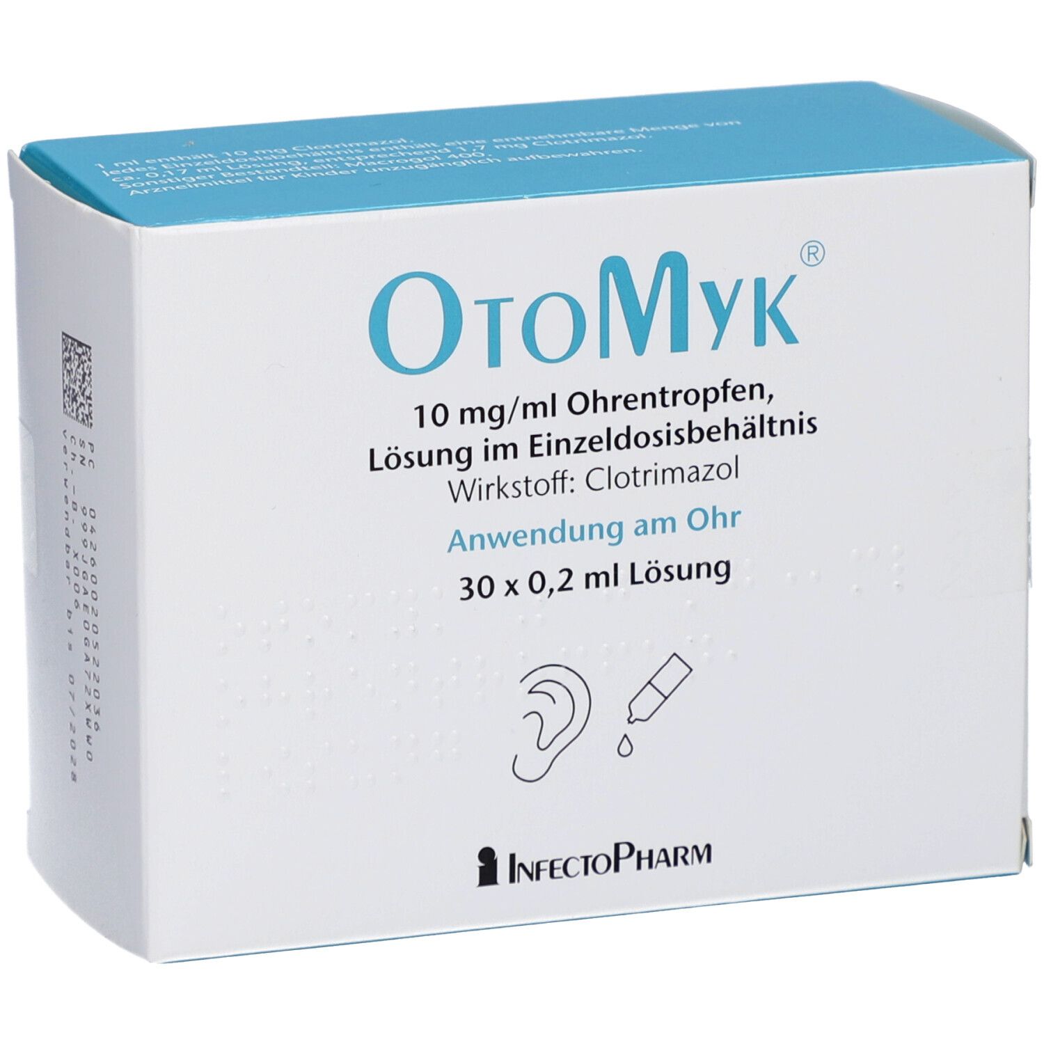 OtoMyk-Verpackung. Blaue und weiße Schachtel mit Produktnamen, Inhaltsstoffen und Anwendungsdetails. Logo von InfectoPharm.