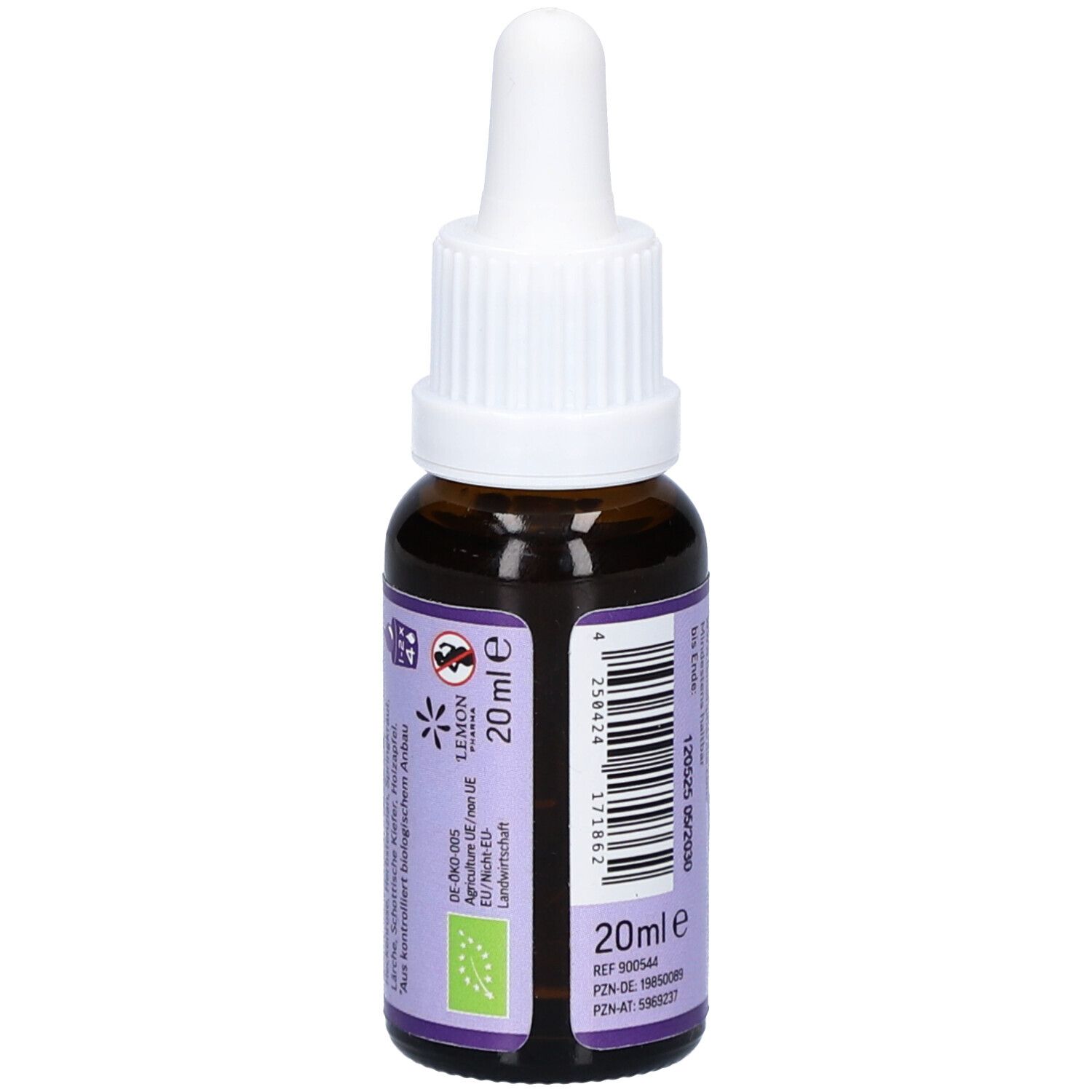 Braune Glasflasche mit weißem Tropfer. Lila Etikett mit Text und Barcode. Text: 20ml. Logo: Bio. EU-Landwirtschaft.
