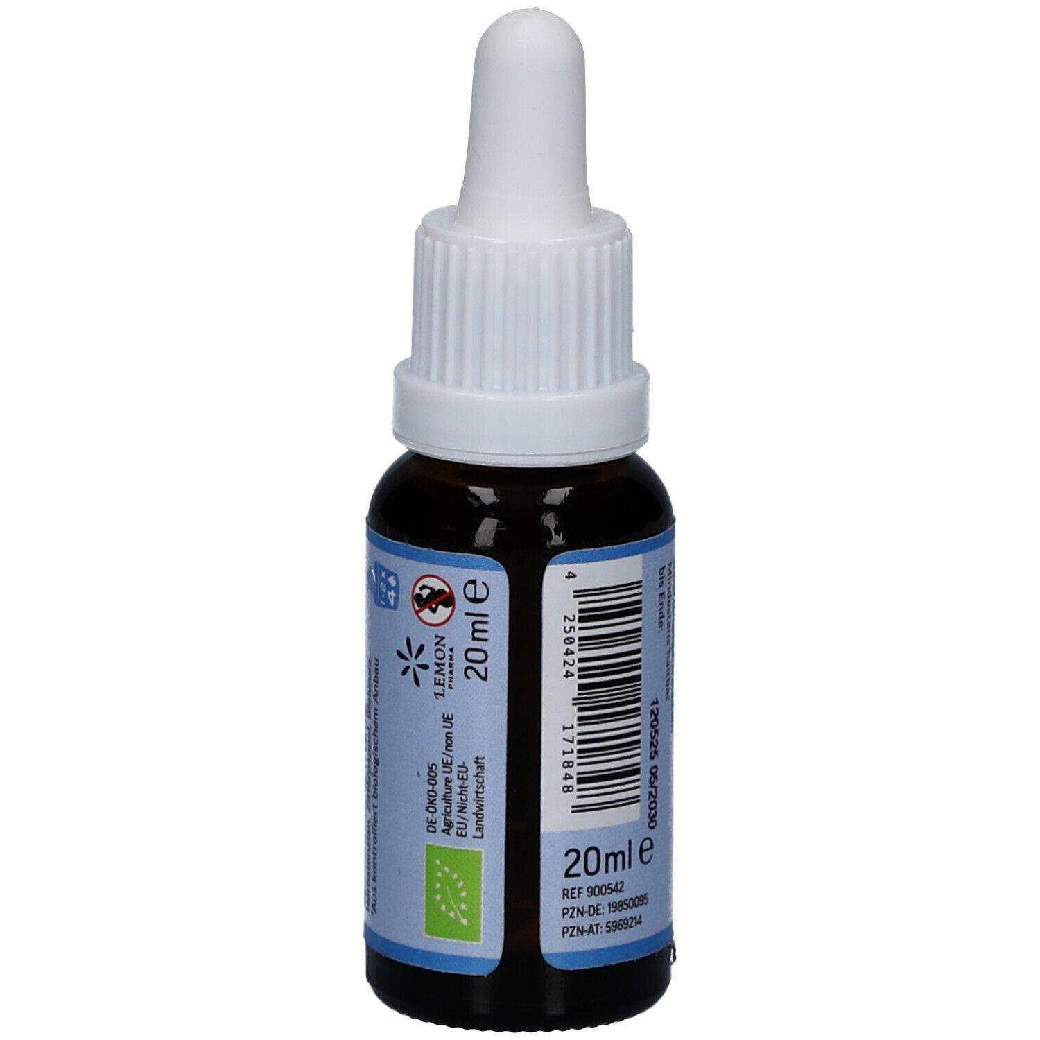 Braune Glasflasche mit weißem Tropfer. Aufschrift: Nr.42 Vertrauen, Bachblüten Tropfen. Etikett mit Produktinformationen und 20ml.