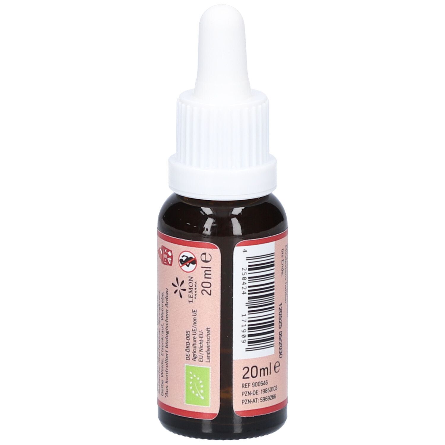 Braune Glasflasche mit weißem Verschluss. Etikett mit Produktinformationen, 20ml, und Bio-Siegel. Original Bachblüten Tropfen.