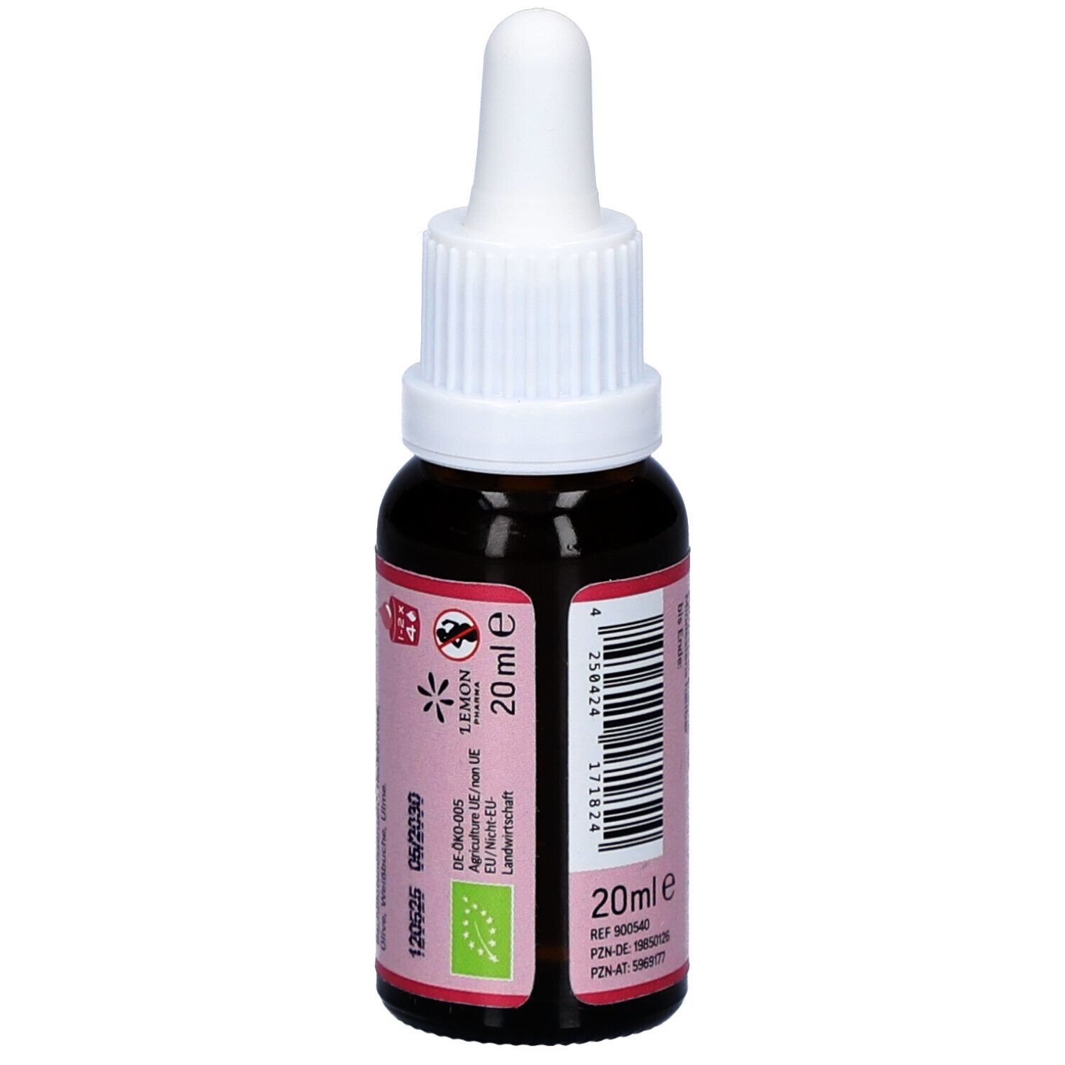 Braune Glasflasche mit weißem Tropfer. Etikett mit "20ml e", Barcode und Bio-Siegel. "BACHBLÜTEN".